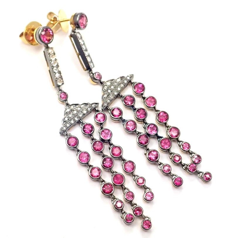 Laura Munder Diamond Pink Sapphire Yellow Gold Dangle Earrings For Sale 2