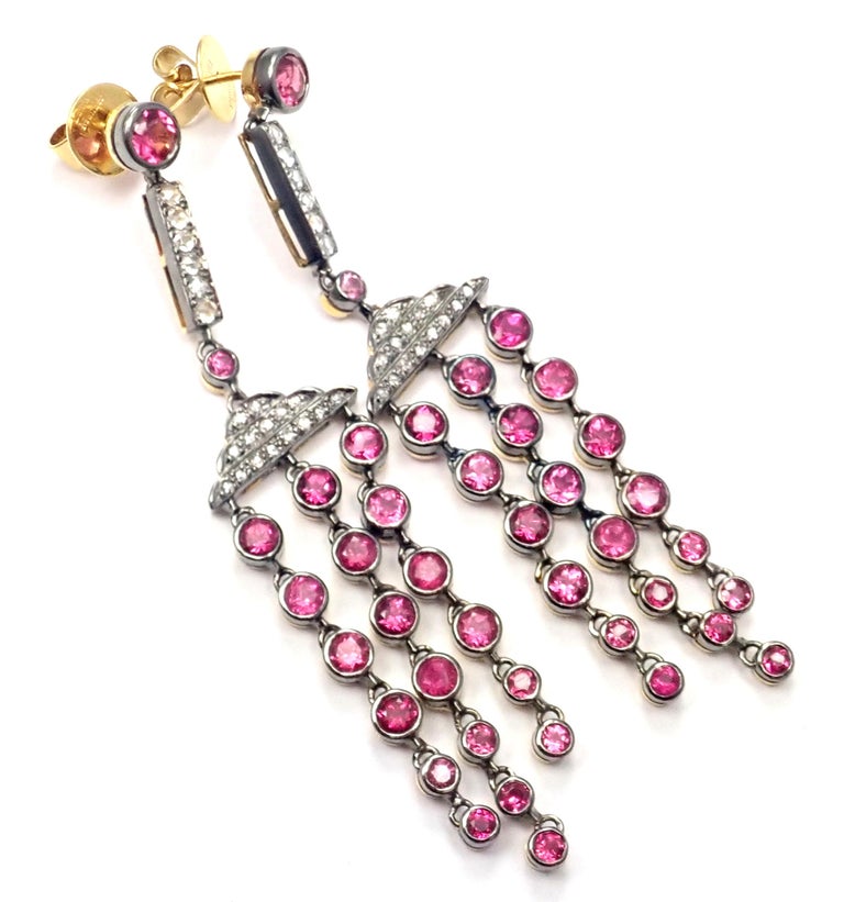 Laura Munder Diamond Pink Sapphire Yellow Gold Dangle Earrings For Sale 3