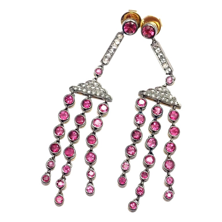 Laura Munder Diamond Pink Sapphire Yellow Gold Dangle Earrings For Sale