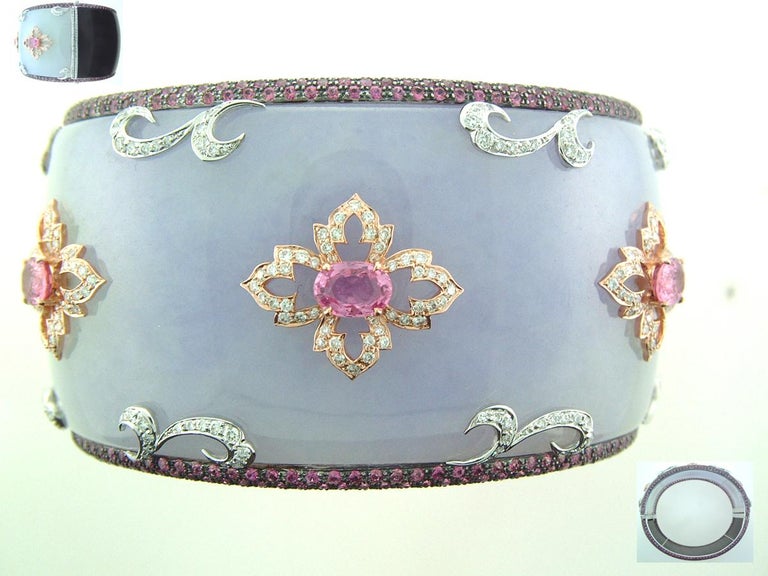 Laura Munder Lavender Jade Grenadill Wood Pink Sapphire Diamond Bangle Bracelet In New Condition For Sale In West Palm Beach, FL