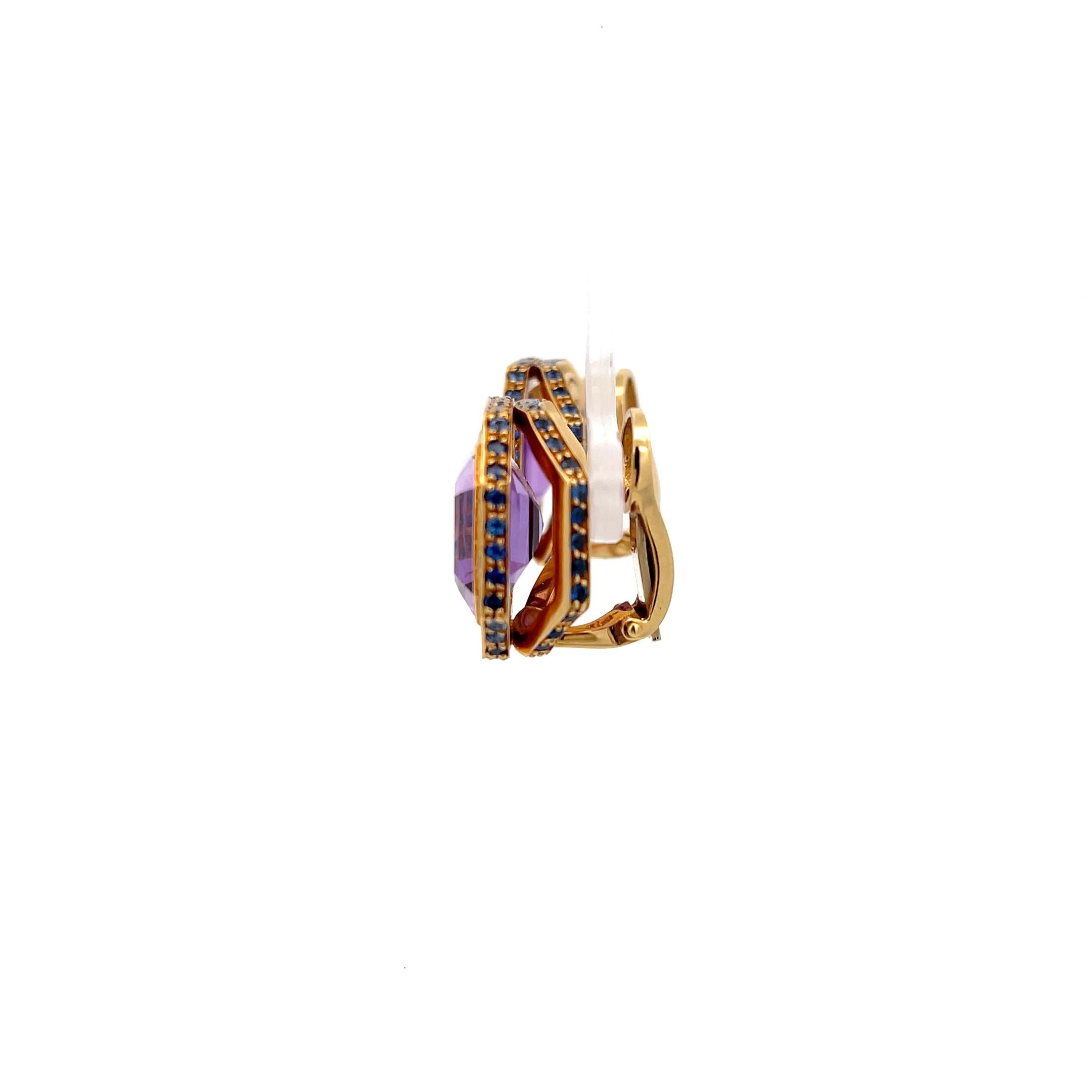 Octagon Cut Laura Munder Octagon Amethyst & Blue Sapphire Earrings 18K Yellow Gold