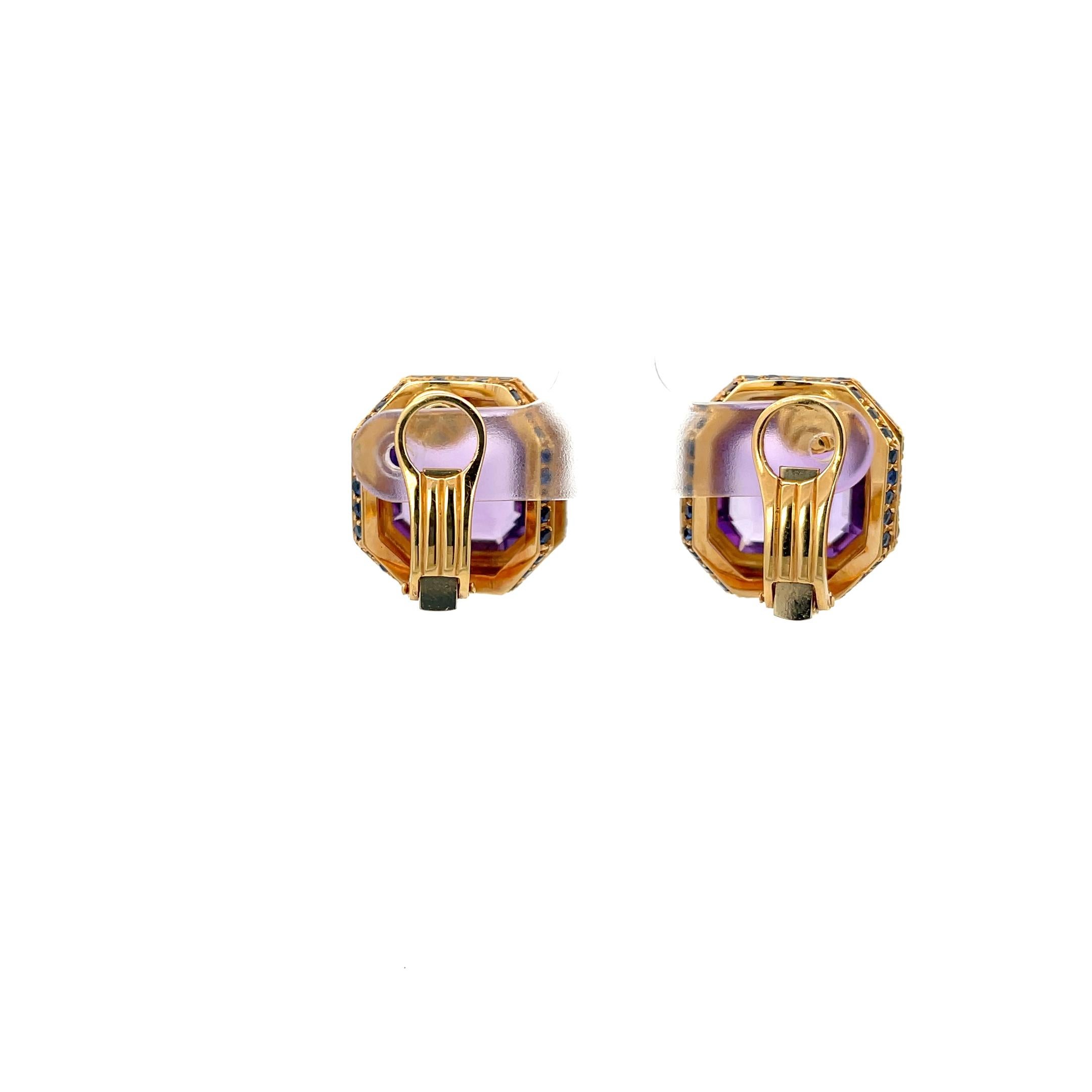 Laura Munder Octagon Amethyst & Blue Sapphire Earrings 18K Yellow Gold In Excellent Condition In Dallas, TX