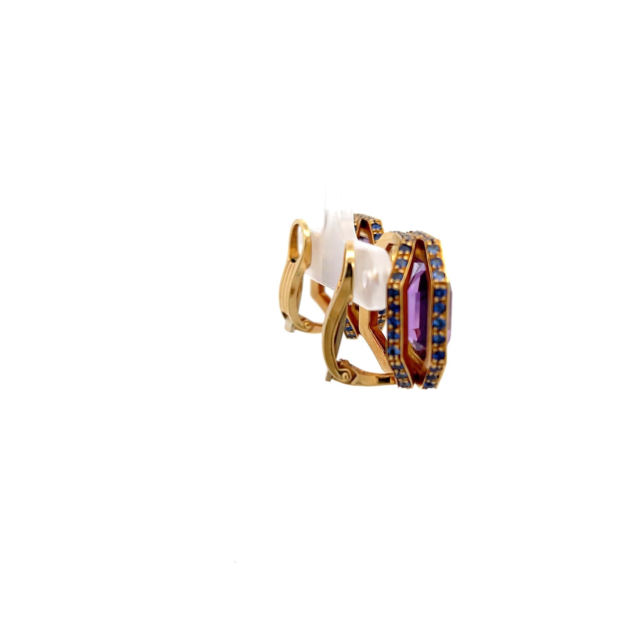 Women's Laura Munder Octagon Amethyst & Blue Sapphire Earrings 18K Yellow Gold
