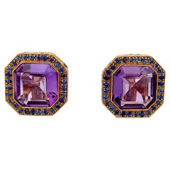 Laura Munder Octagon Amethyst & Blue Sapphire Earrings 18K Yellow Gold