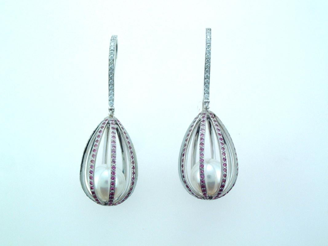 Oval Cut Laura Munder Pearl Pink Sapphire Diamond White Gold Dangle Earrings For Sale