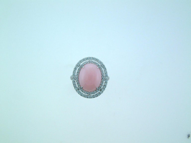 Laura Munder Pink Opal Cabachon Diamond White Gold Ring In New Condition For Sale In West Palm Beach, FL