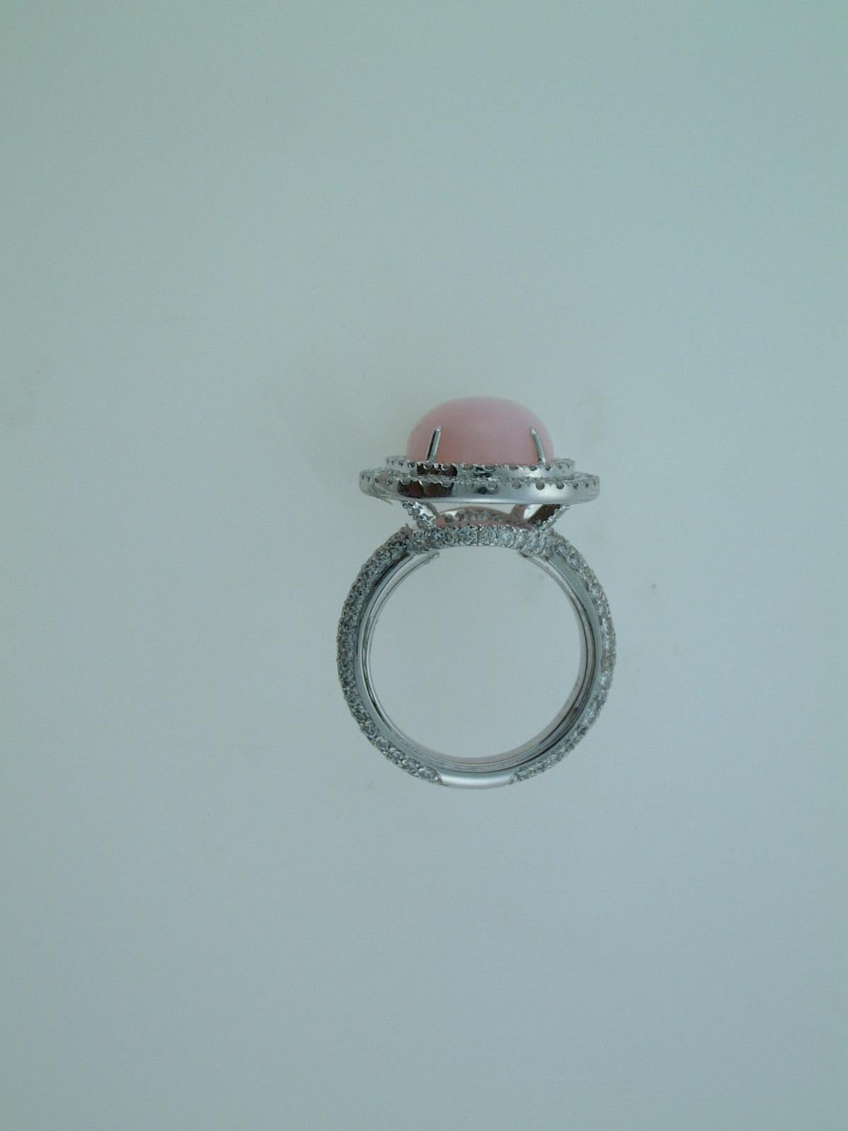 Laura Munder Pink Opal Cabachon Diamond White Gold Ring For Sale 1