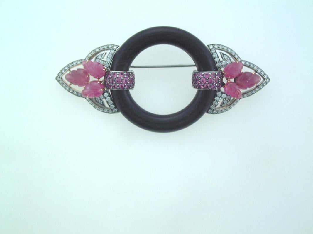 Round Cut Laura Munder Pink Sapphire Diamond Wood Pin Brooch For Sale