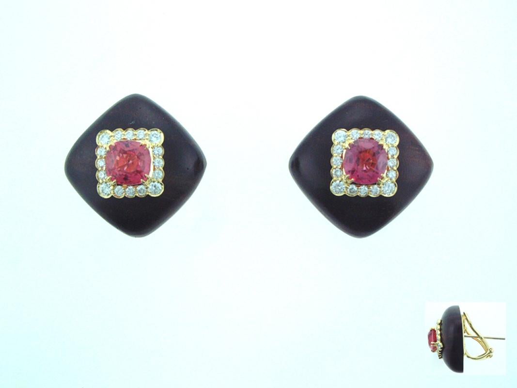 Laura Munder Pink Spinel Diamond and Wood Yellow Gold Earrings In New Condition For Sale In West Palm Beach, FL