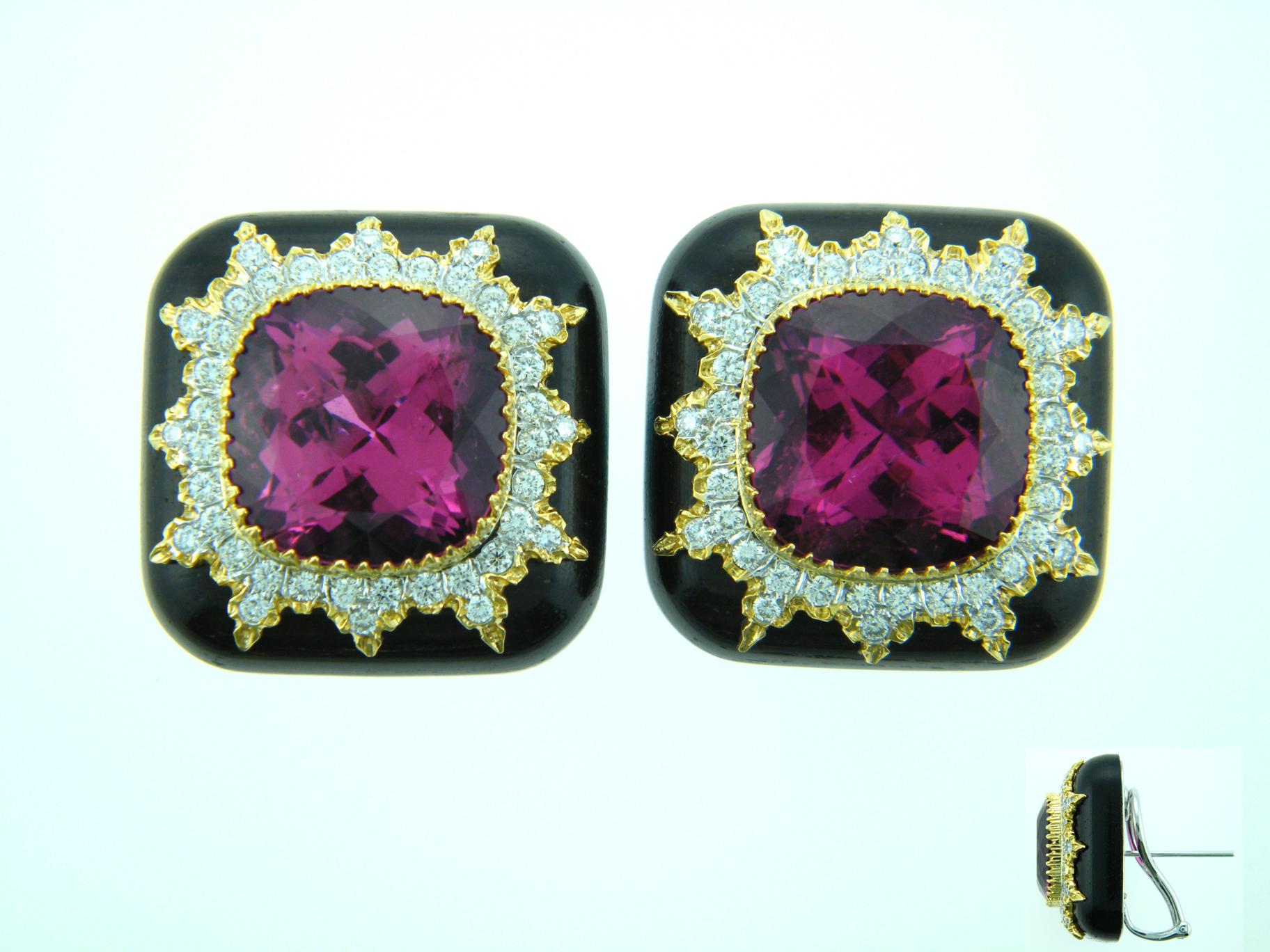 Laura Munder Rubellite Tourmaline Diamond Gold Grenadill wood Earrings In New Condition For Sale In West Palm Beach, FL