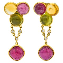 Laura Munder Tourmaline Peridot Citrine Diamond 18 Karat Gold Drop Earrings