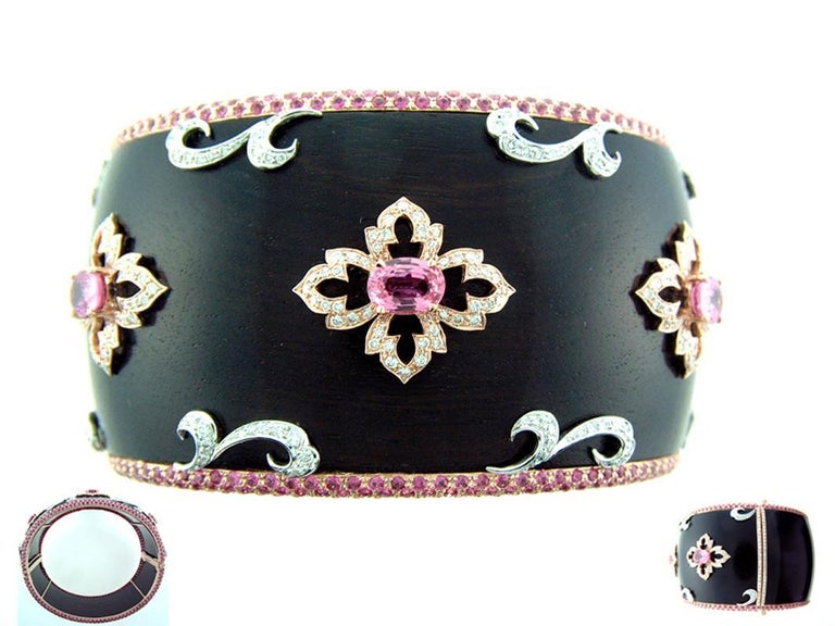 Laura Munder Wood Pink Sapphire Diamond Rose White Gold Bangle Bracelet In New Condition For Sale In West Palm Beach, FL