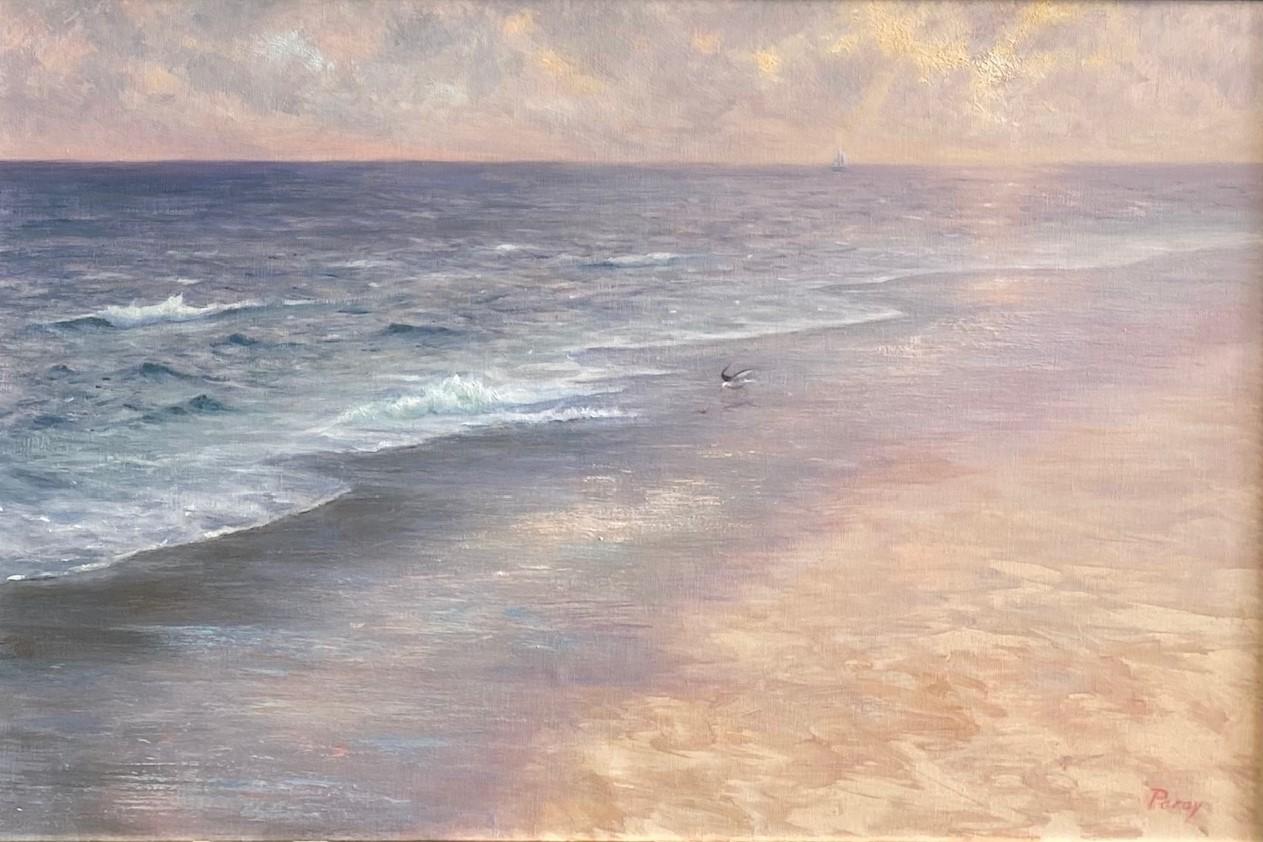 Misty Shoreline, original 20x30 contemporary marine landscape - Painting by Laura Paray