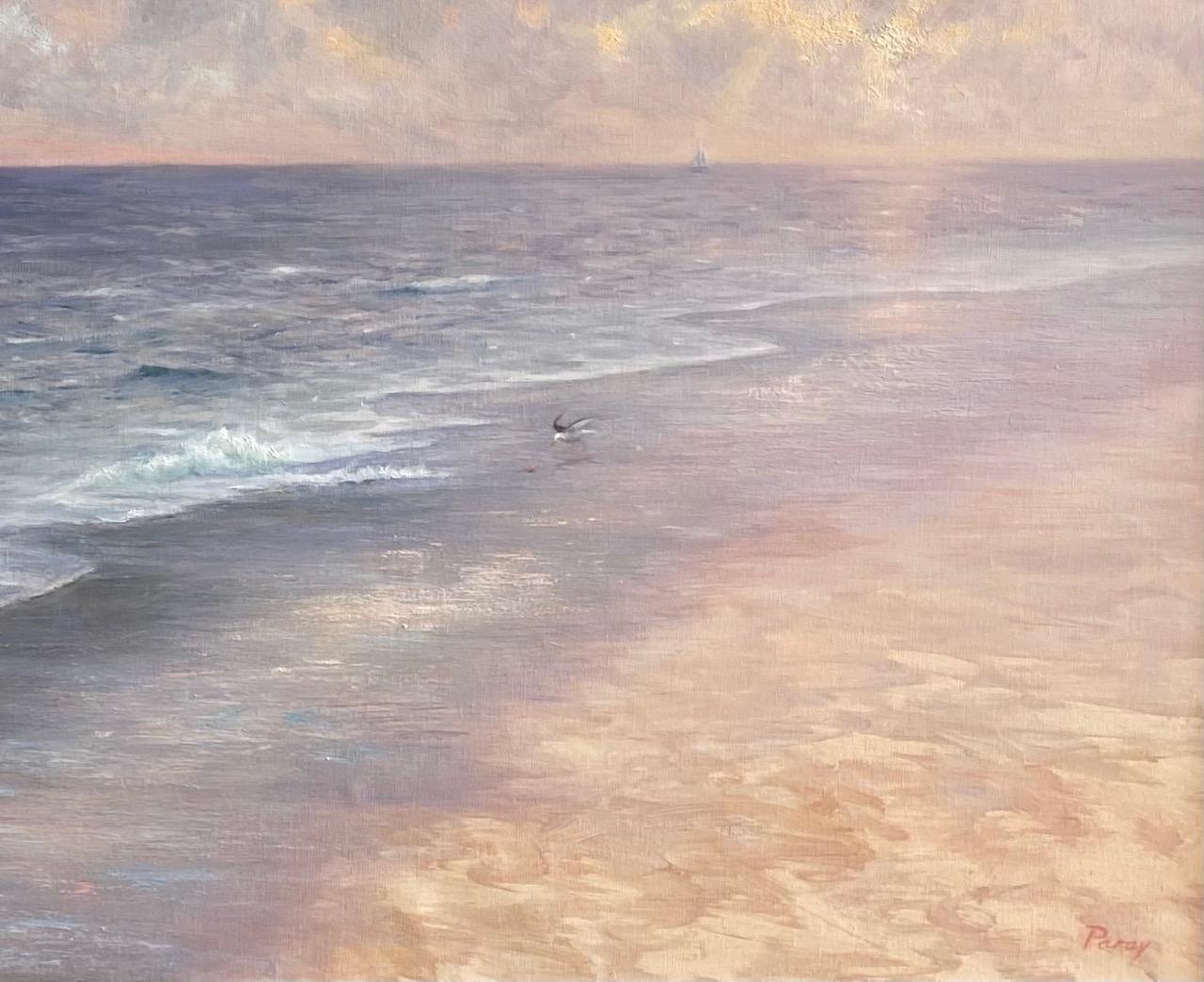 Misty Shoreline, paysage marin contemporain original 20x30 - Marron Landscape Painting par Laura Paray