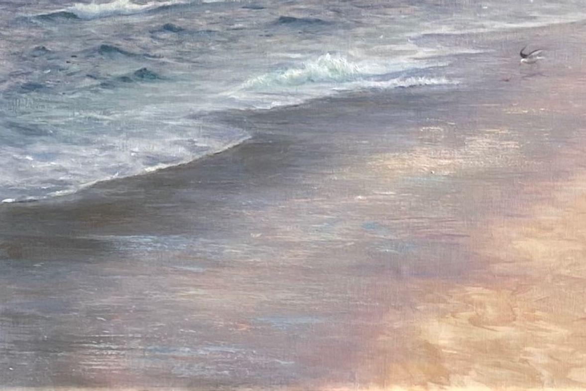 Misty Shoreline, original 20x30 contemporary marine landscape - Brown Landscape Painting by Laura Paray