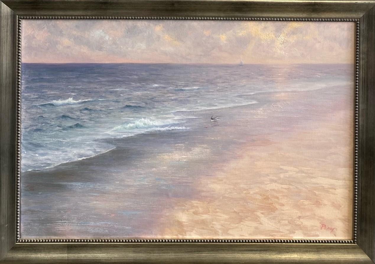 Laura Paray Landscape Painting - Misty Shoreline, original 20x30 contemporary marine landscape