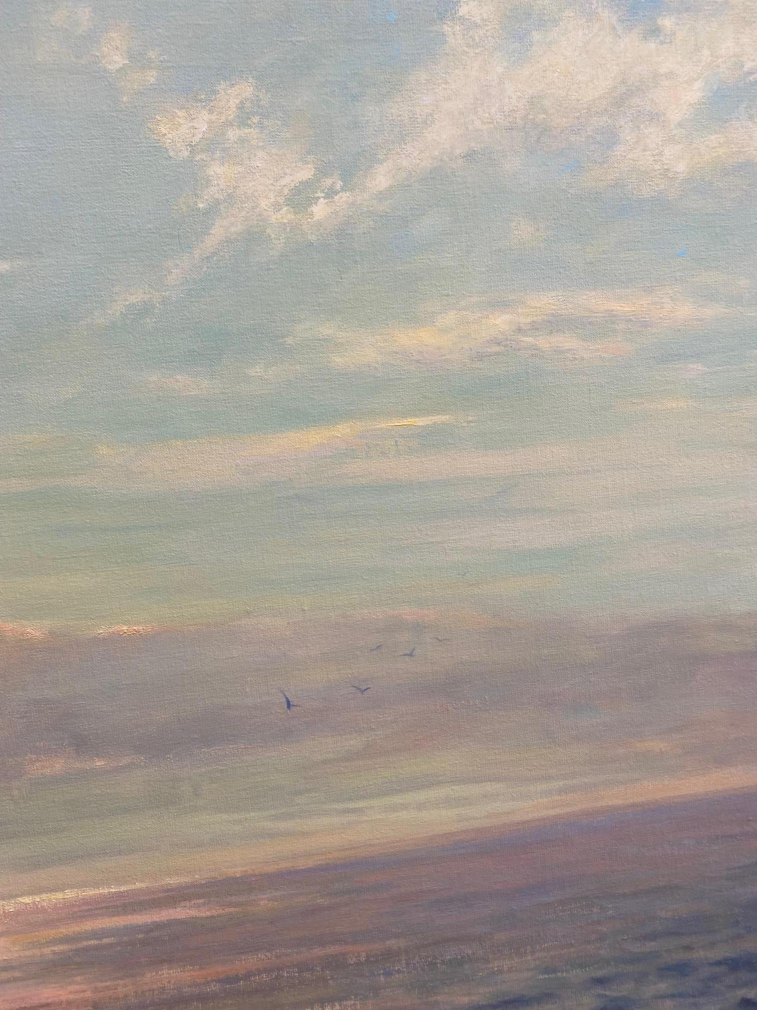 Sunset Glow, original 30x40 impressionist marine landscape - Gray Landscape Painting by Laura Paray