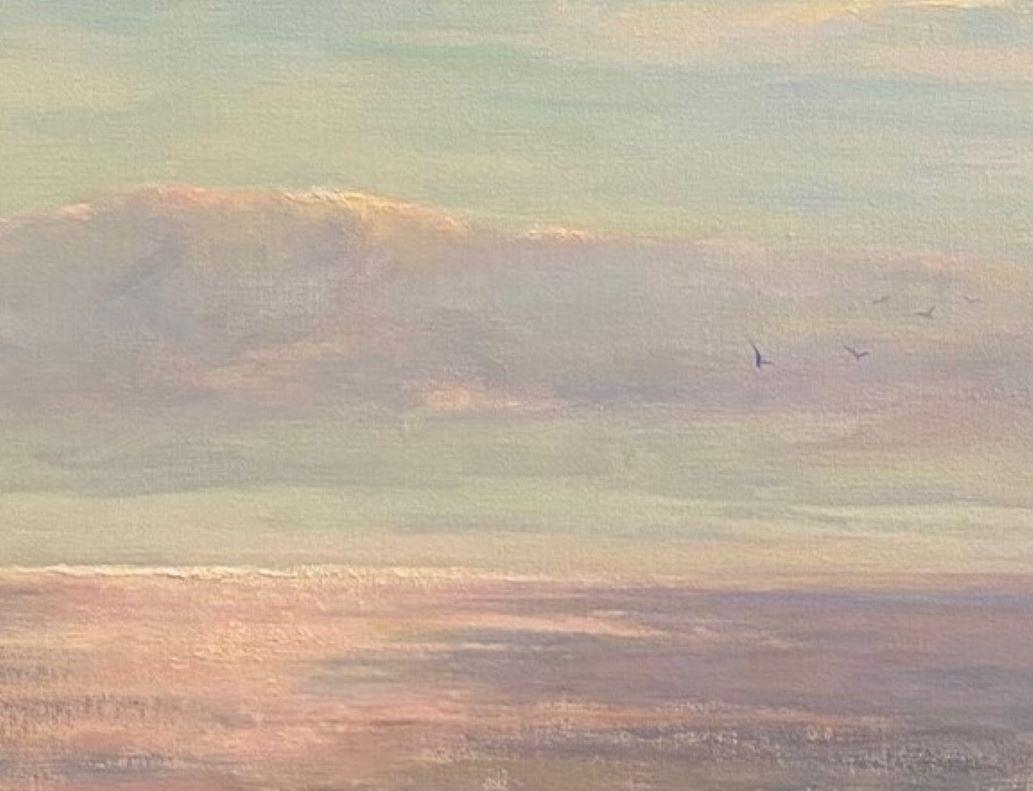 The glow of light on the seashore range dazzles softly from soft yellow to soft blue as the sunset progresses, reminding all ocean goers of the miracle that it represents.  Even the seagulls pay homage to the magnificent changes unfolding before
