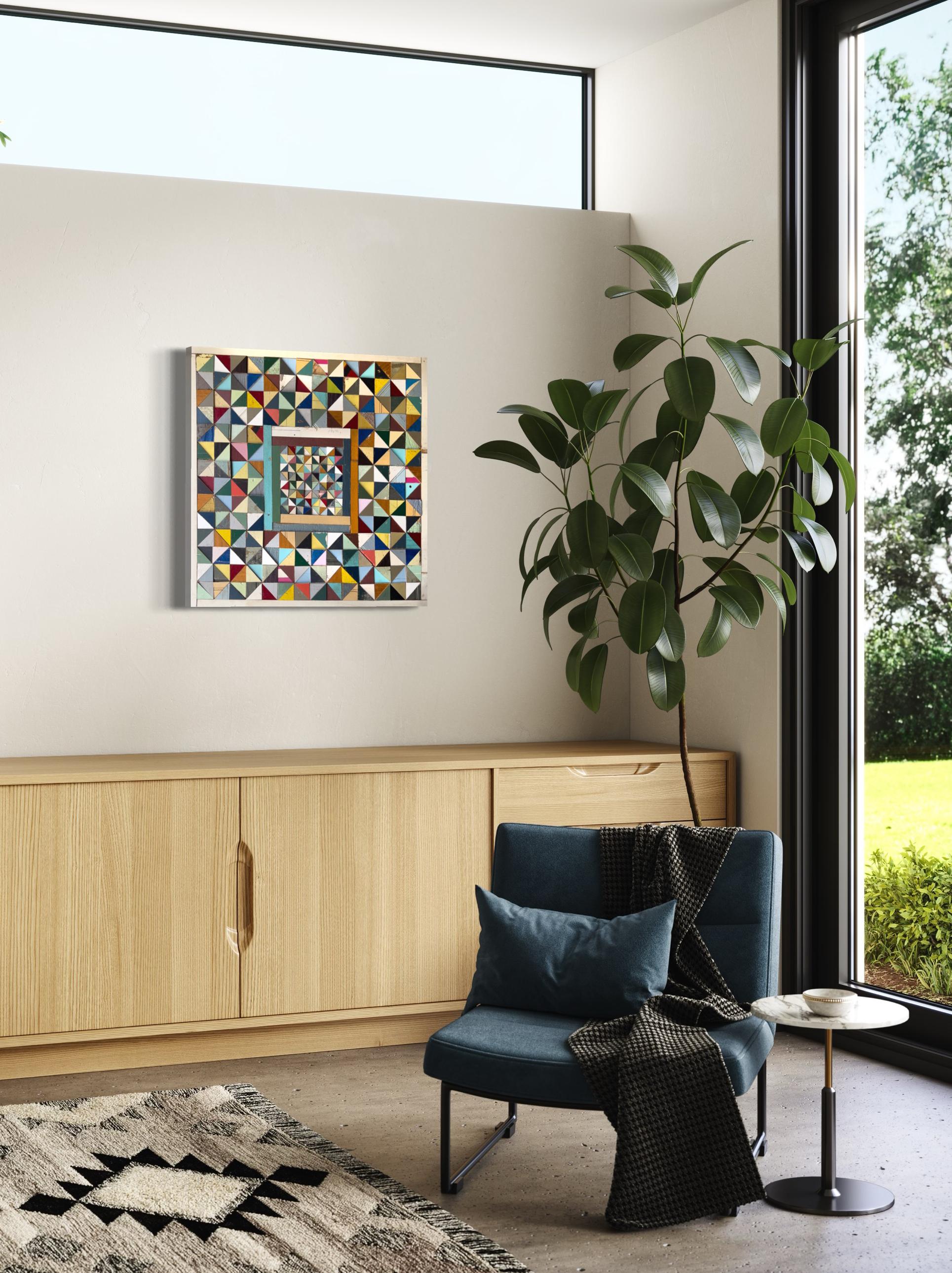 This piece was primarily inspired by the pinwheels. My goal for this piece was to create new relationships between color, proportion, texture, and scale. I never alter the color of the wood – I use the as I found it. The wood has never painted by
