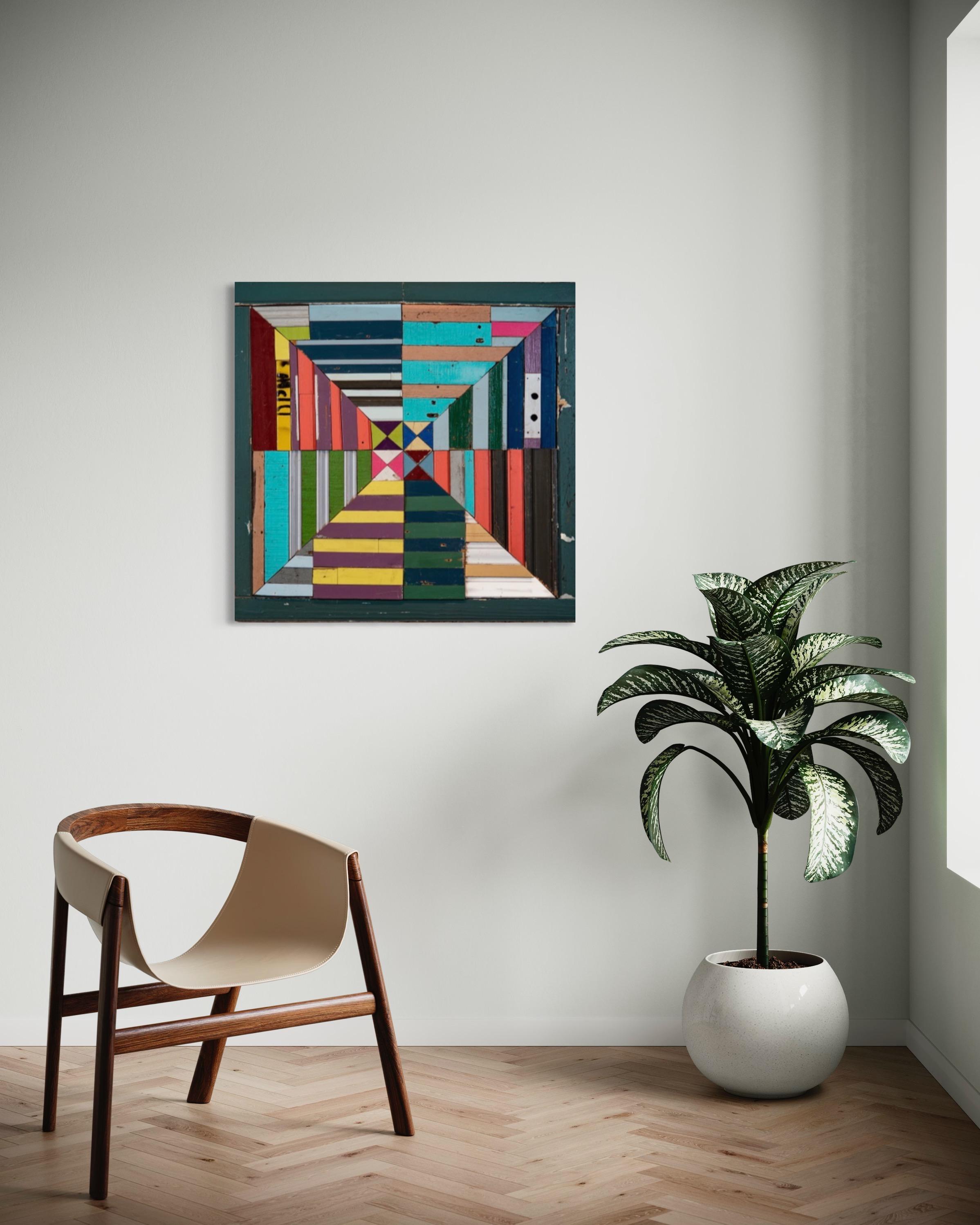 As both formal, abstract art objects and expressions of feminism, traditional American patchwork quilt are designs I ﬁnd familiar and comforting. I piece together this salvaged wood into something meaningful and orderly, seeking solace from climate