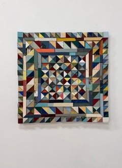 Rounding the Corner - Colorful Reclaimed Wood Square Wall Sculpture, 2023