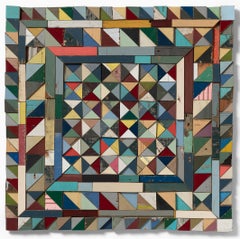 Rounding the Corner - Colorful Reclaimed Wood Square Wall Sculpture, 2023
