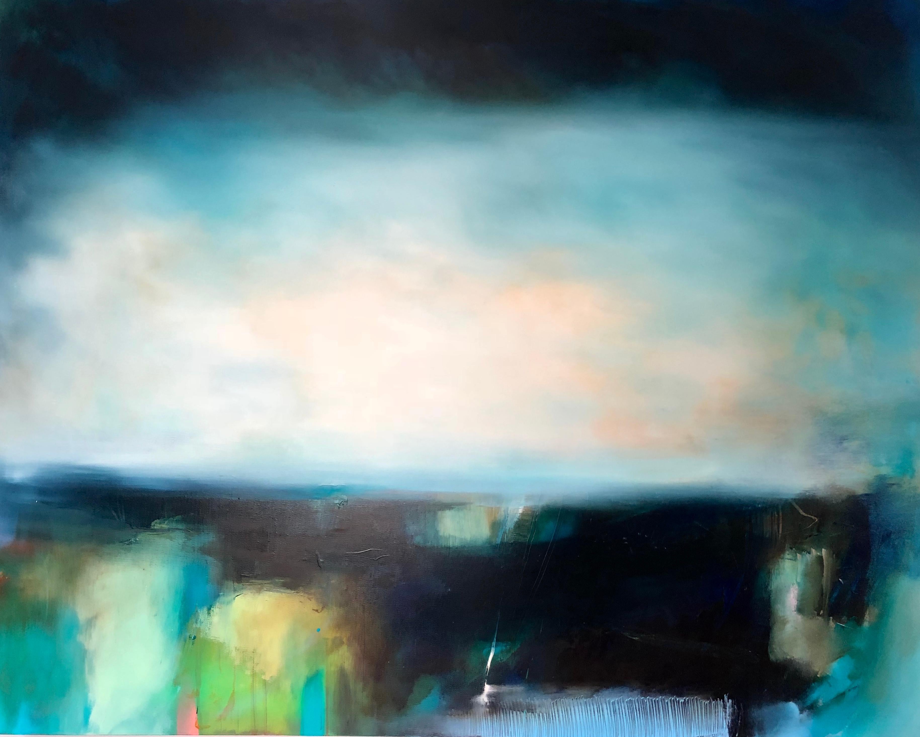 Laura Rich Landscape Painting – Land Lines, an original abstract landscape, blue oil painting