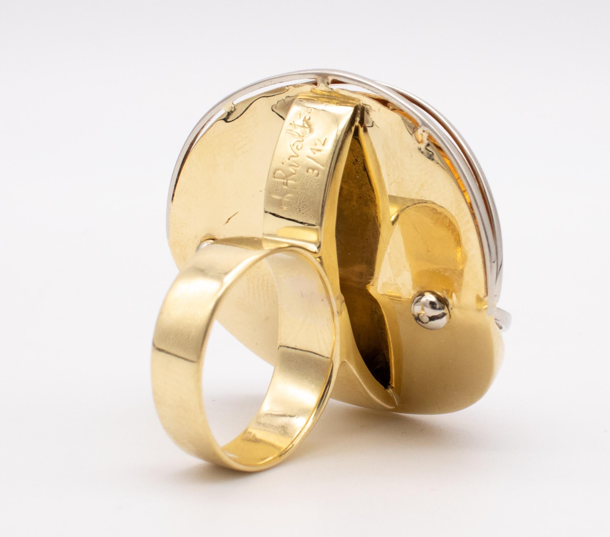 Women's Laura Rivalta 1977 Italy Geometric Sculptural OP Art Ring 18Kt Gold With Coral For Sale