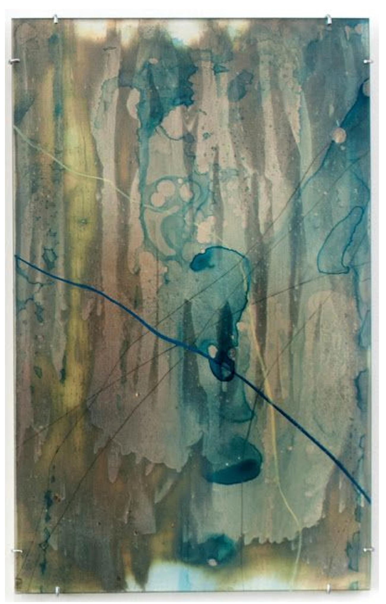 This is an abstract mixed media work incorporating watercolor, pastel, graphite, silver and glass.  The artwork consists of three panels, each measuring 14 inches tall by 9 inches wide. Laura Sallade's work is often described as sculptural