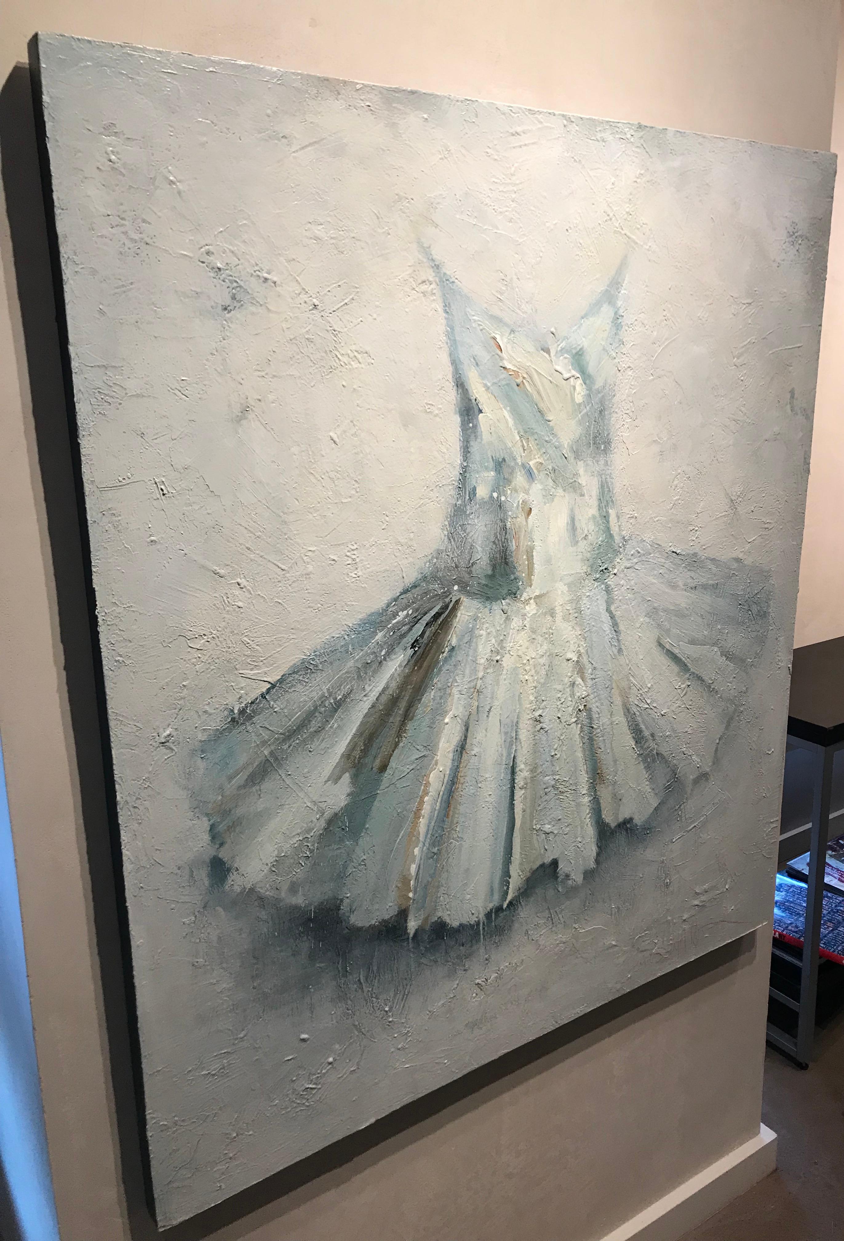 This acrylic on panel painting in blues and whites is part of Laura Schiff Bean's dress portraits. Influenced by Jim Dine, Bean's dresses are her focus and the gestural drips and loose brush strokes make each painting unique. Signed on the lower