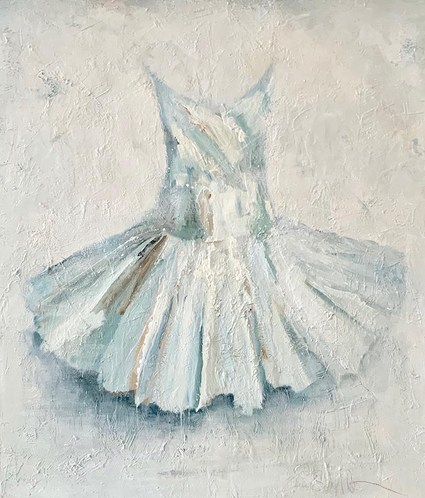 222(22)- loose acrylic painting of a tutu on board in blues and whites - Painting by Laura Schiff Bean