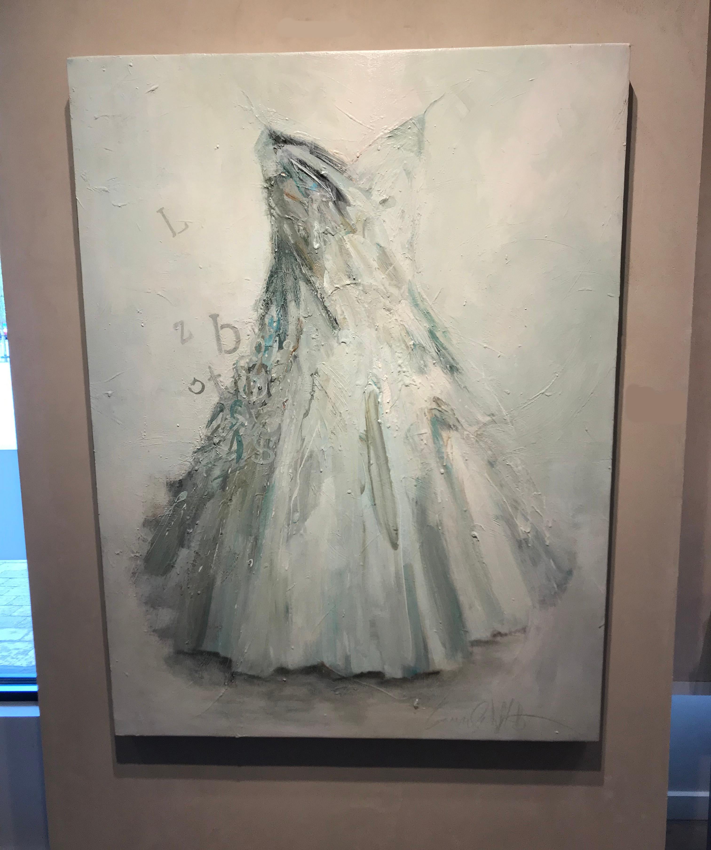 A Few Random Thoughts- dress portrait painting in monochromatic white  - Painting by Laura Schiff Bean