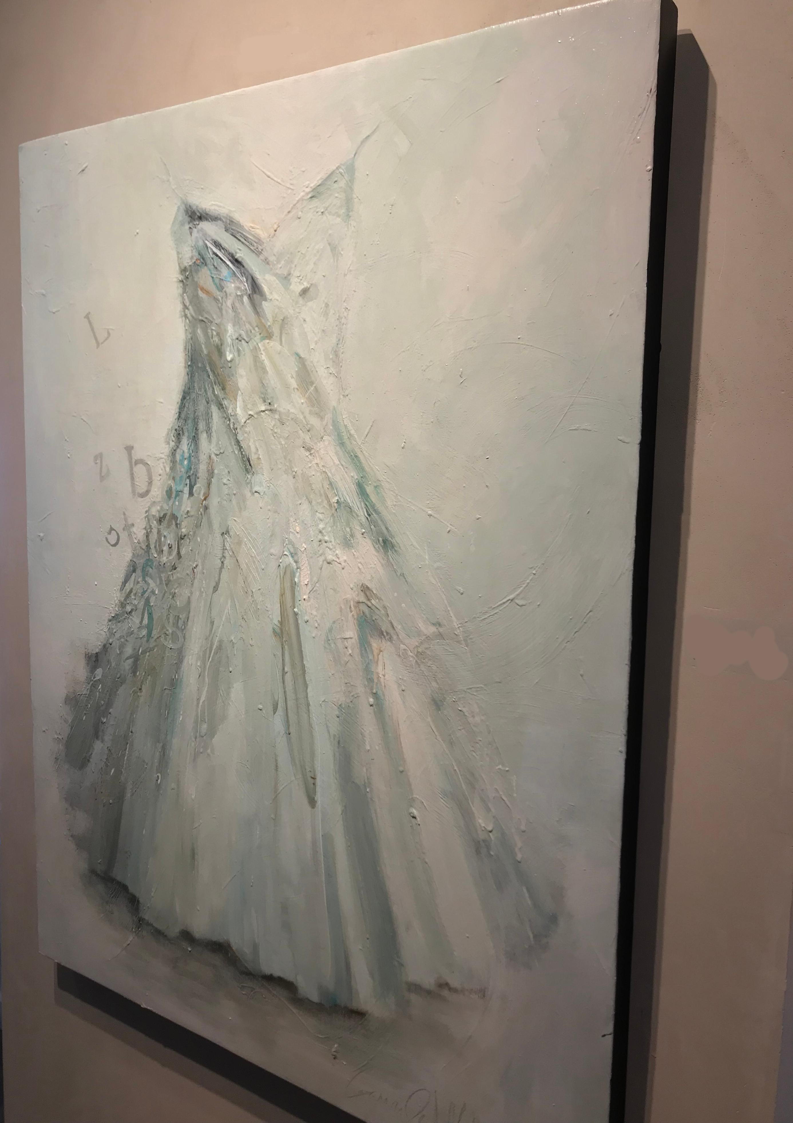 A Few Random Thoughts- dress portrait painting in monochromatic white  - Contemporary Painting by Laura Schiff Bean