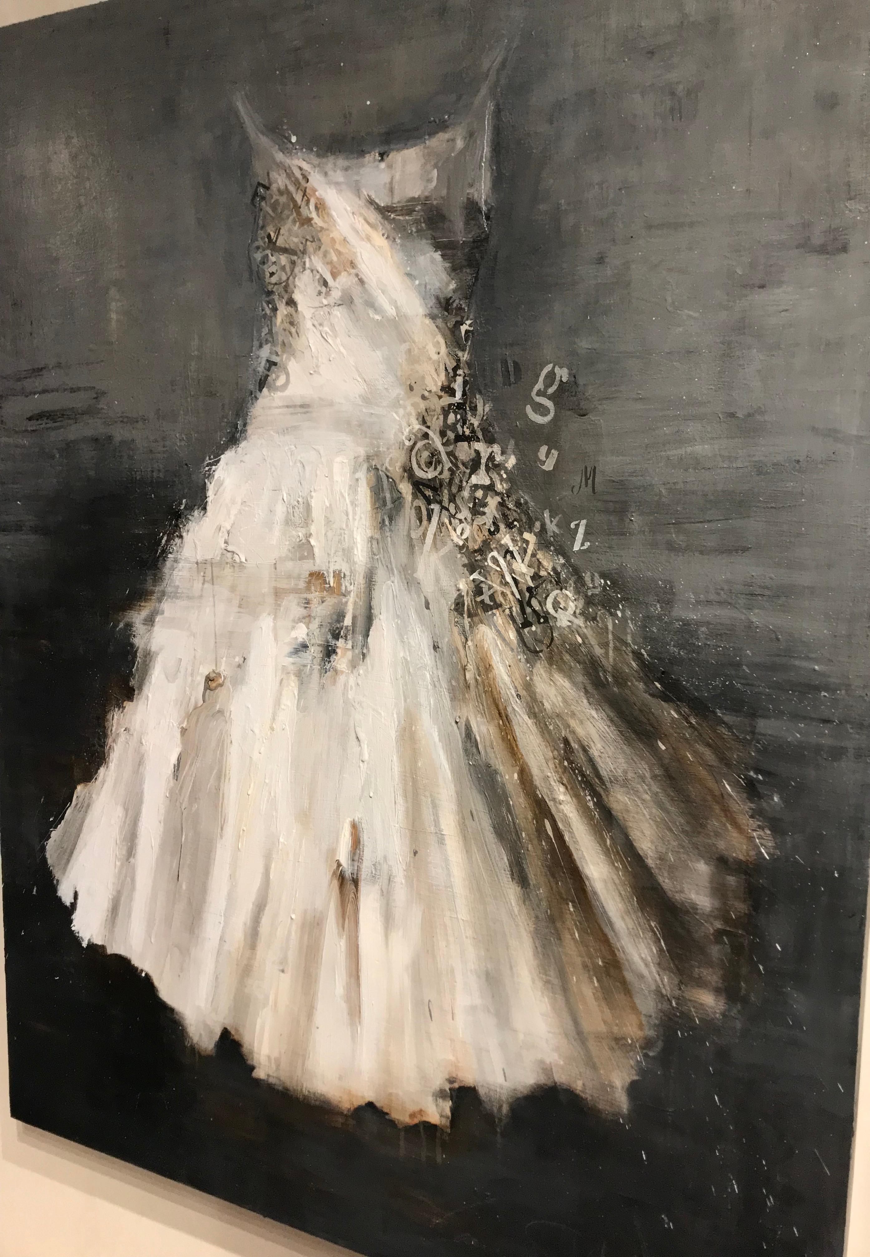 This acrylic on panel painting in greys and browns and ivory  is part of Laura Schiff Bean's dress portraits. Influenced by Jim Dine, Bean's dresses are her focus and the gestural drips and loose brush strokes make each painting unique.
 Laura