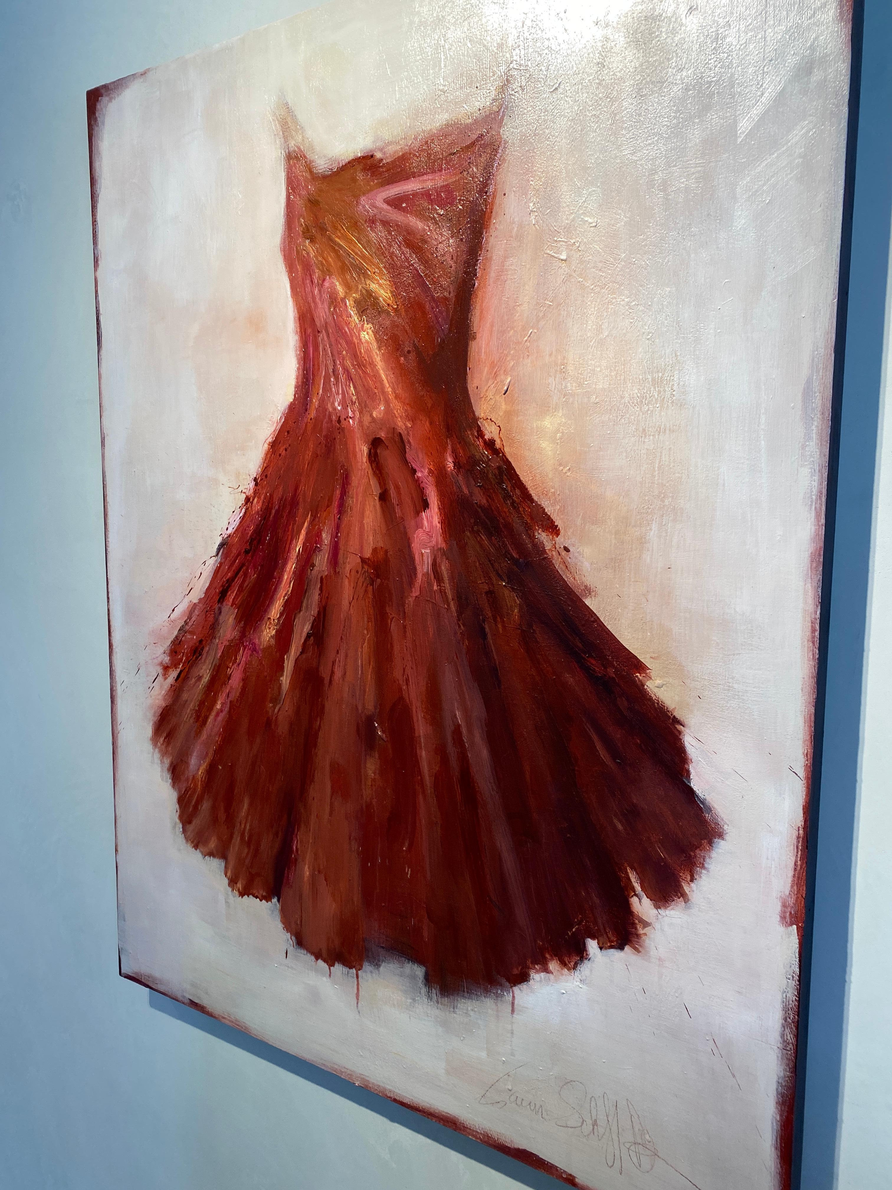 This acrylic on panel painting in exuberant red is lushly painted and demonstrates Laura Schiff Bean's unique view of dresses.  

Influenced by Jim Dine, Bean's dresses are her focus and the gestural drips and loose brush strokes make each painting