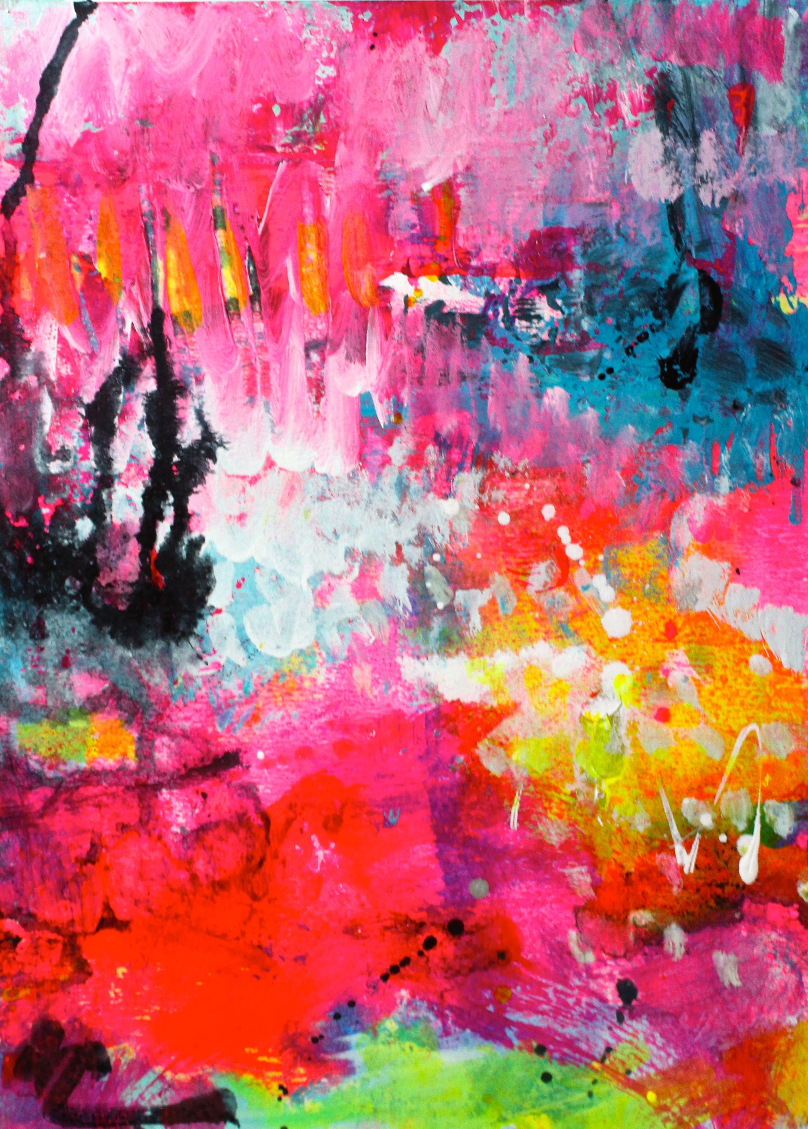 Abstract Painting Laura Spring - Peinture, acrylique sur papier, Oiseaux du paradis 2