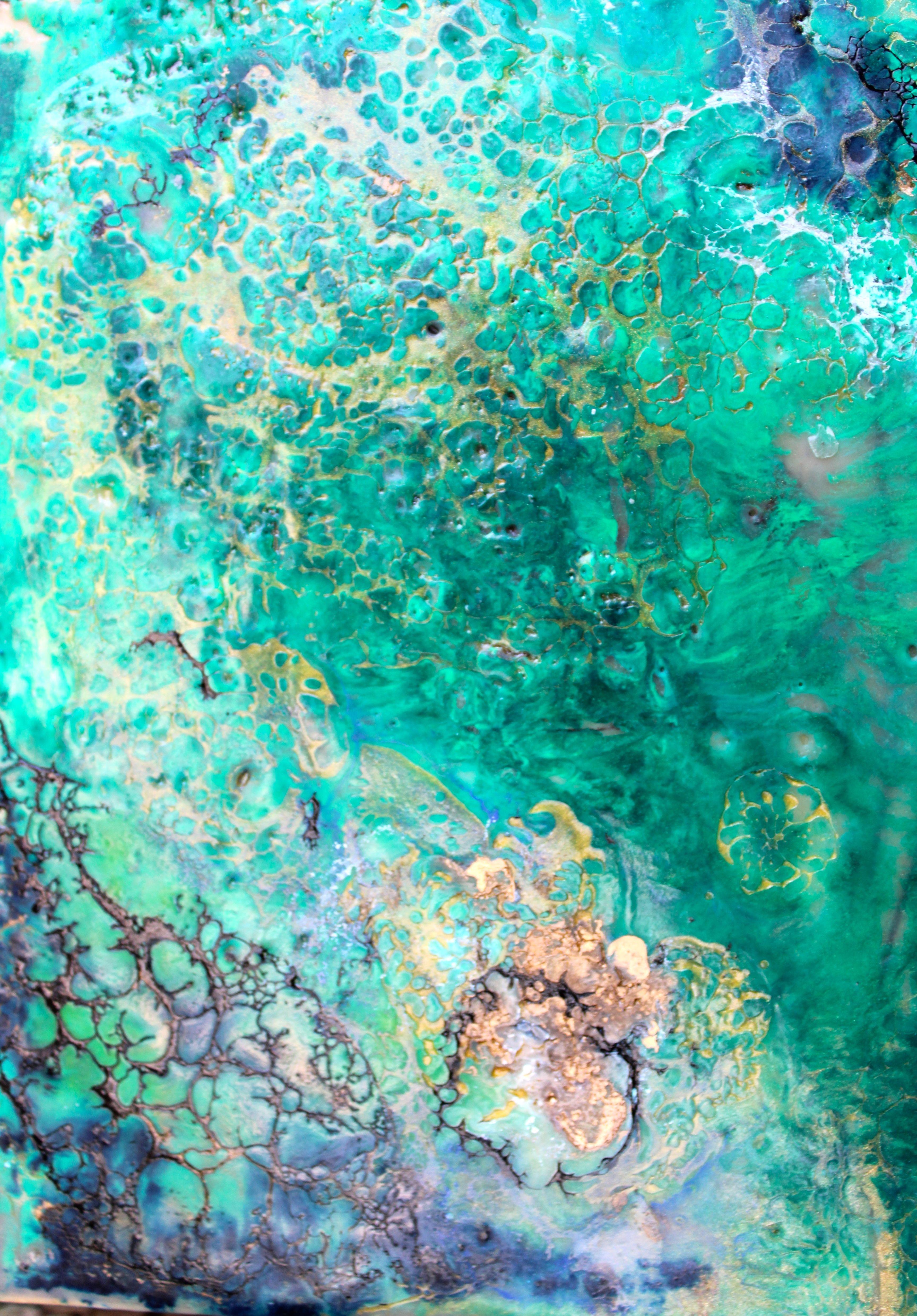 Encaustic Green, Painting, Oil on MDF Panel - Blue Abstract Painting by Laura Spring