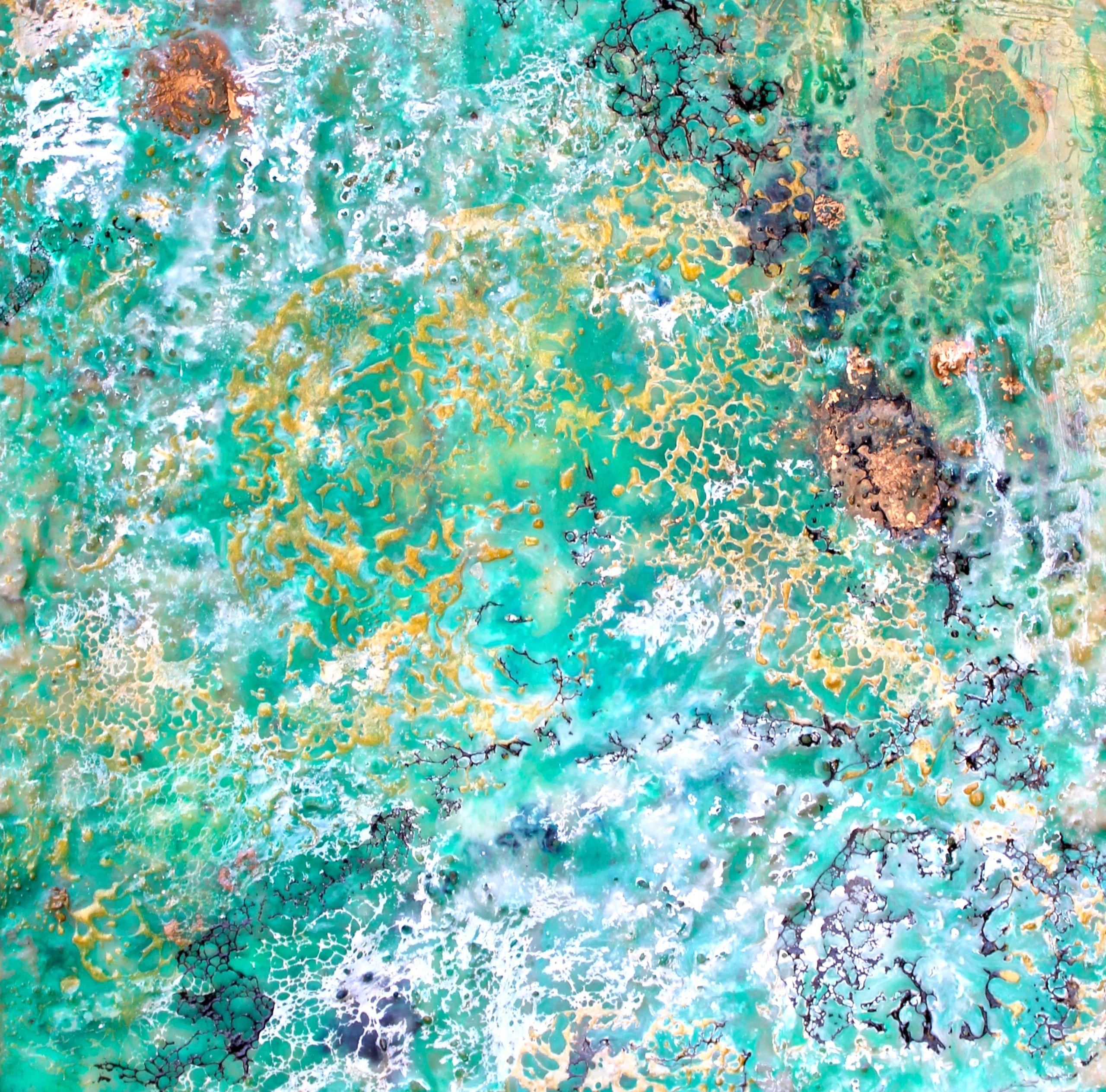 Laura Spring Abstract Painting - Encaustic Green, Painting, Oil on MDF Panel
