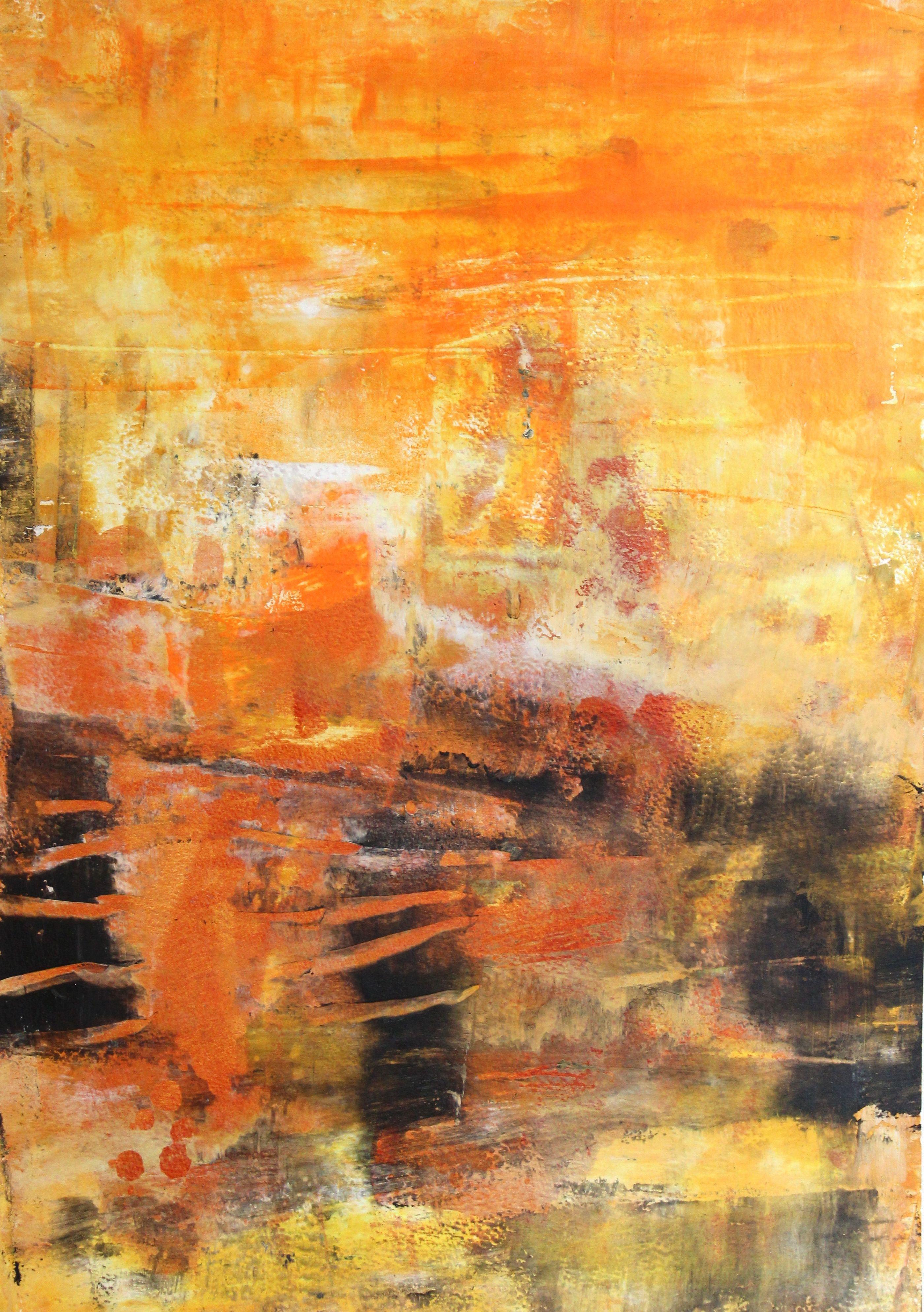 Grunge orange, peinture, peinture à l'huile sur papier - Abstrait Painting par Laura Spring