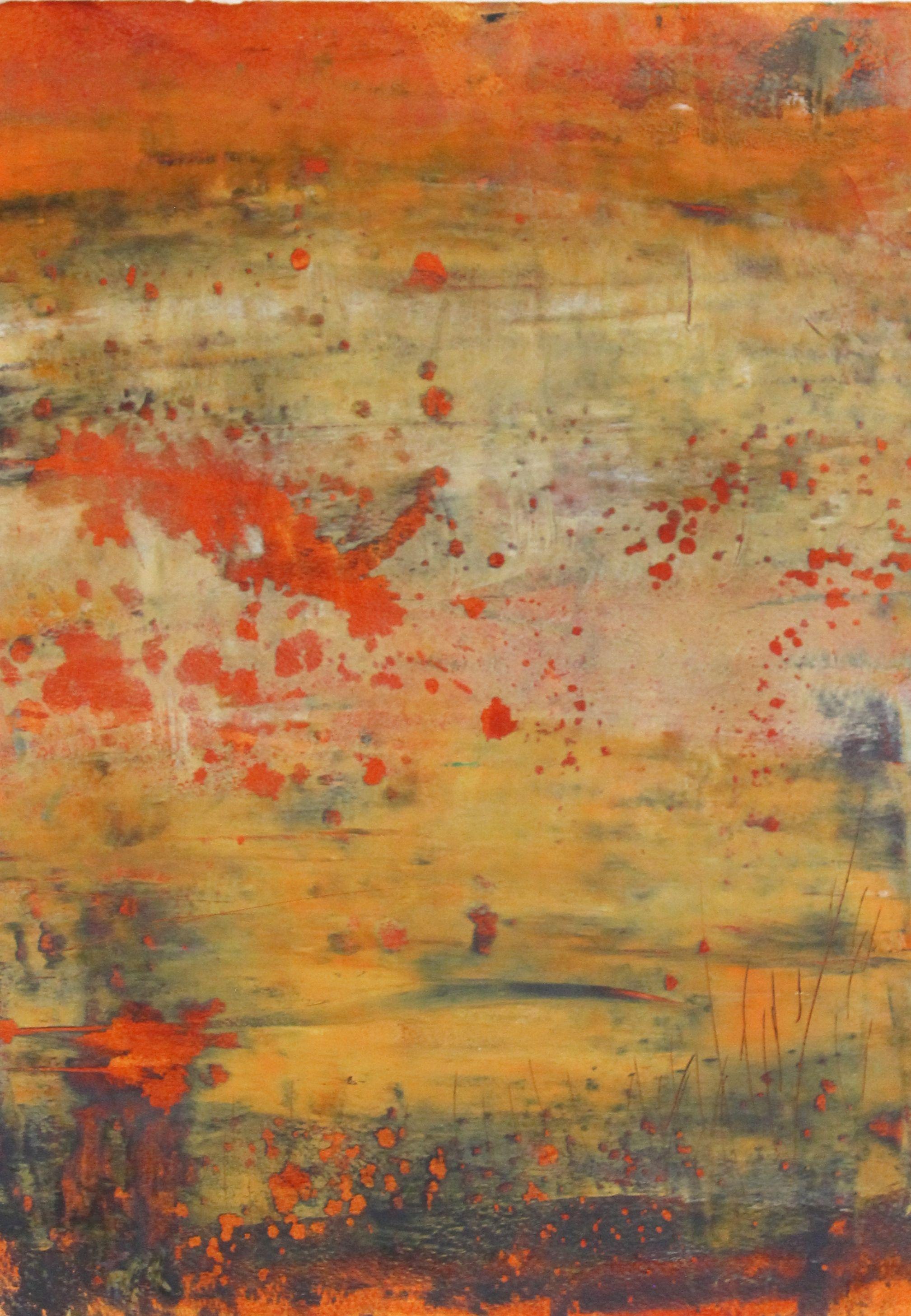 orange grunge, Painting, Oil on Paper - Orange Abstract Painting by Laura Spring