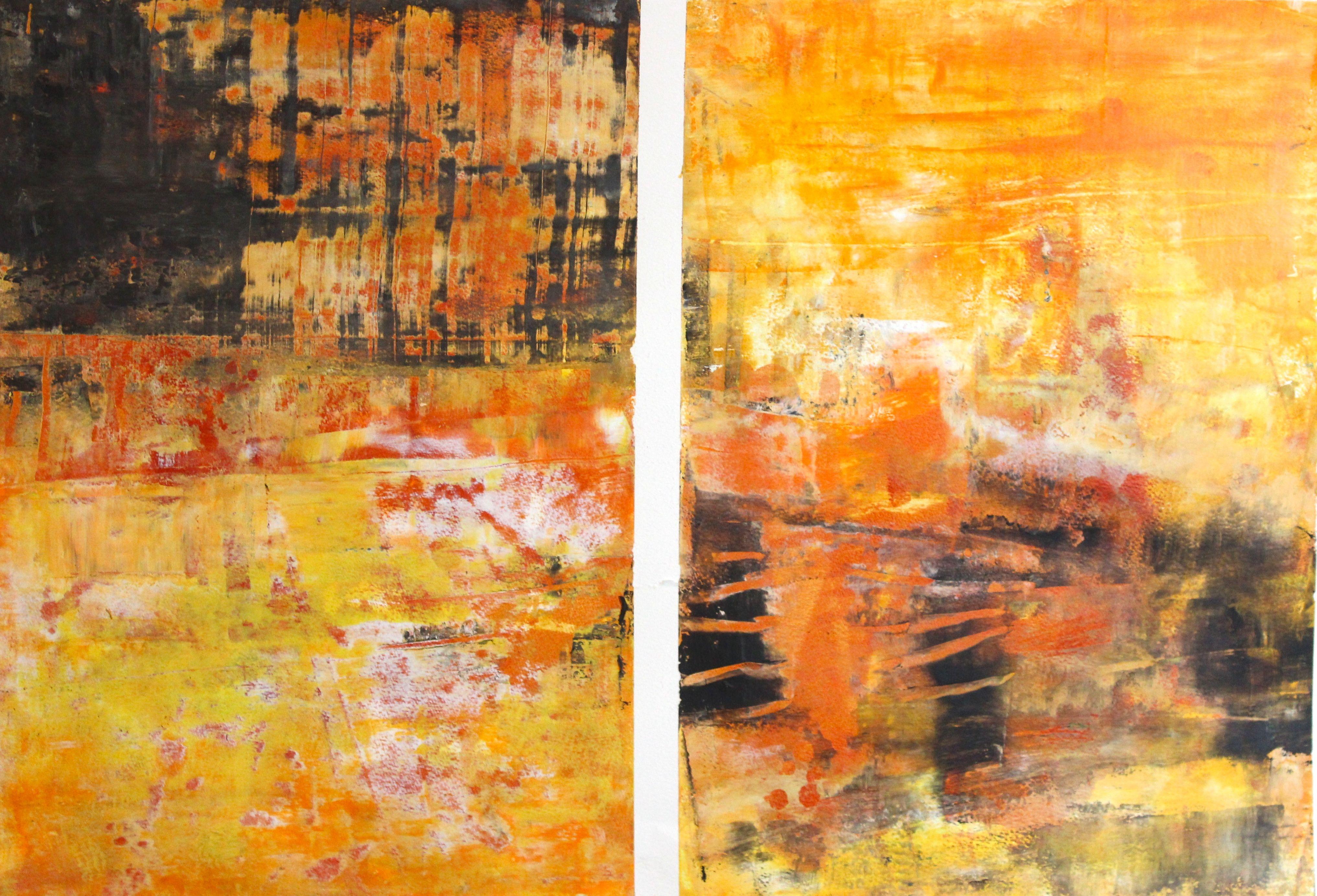 Laura Spring Abstract Painting - Orange Grunge, Painting, Oil on Paper