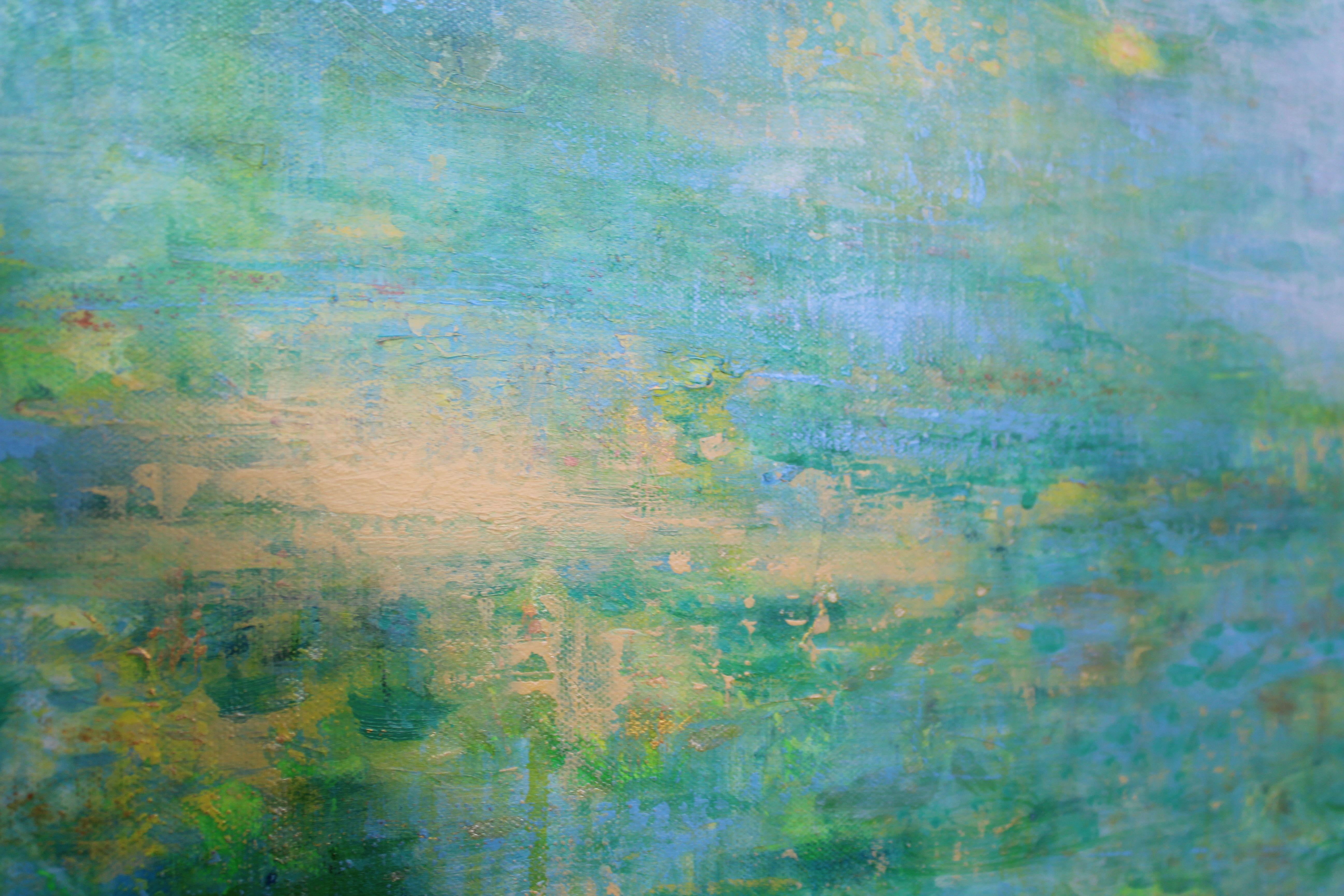 Gran cuadro abstracto de paisaje acuático . Este cuadro tiene muchas capas, difíciles de mostrar en las fotos. La textura ligera añade interés. Puedo barnizarlo brillante, satinado o mate, a petición. Si no se indica ninguna preferencia, barnizaré