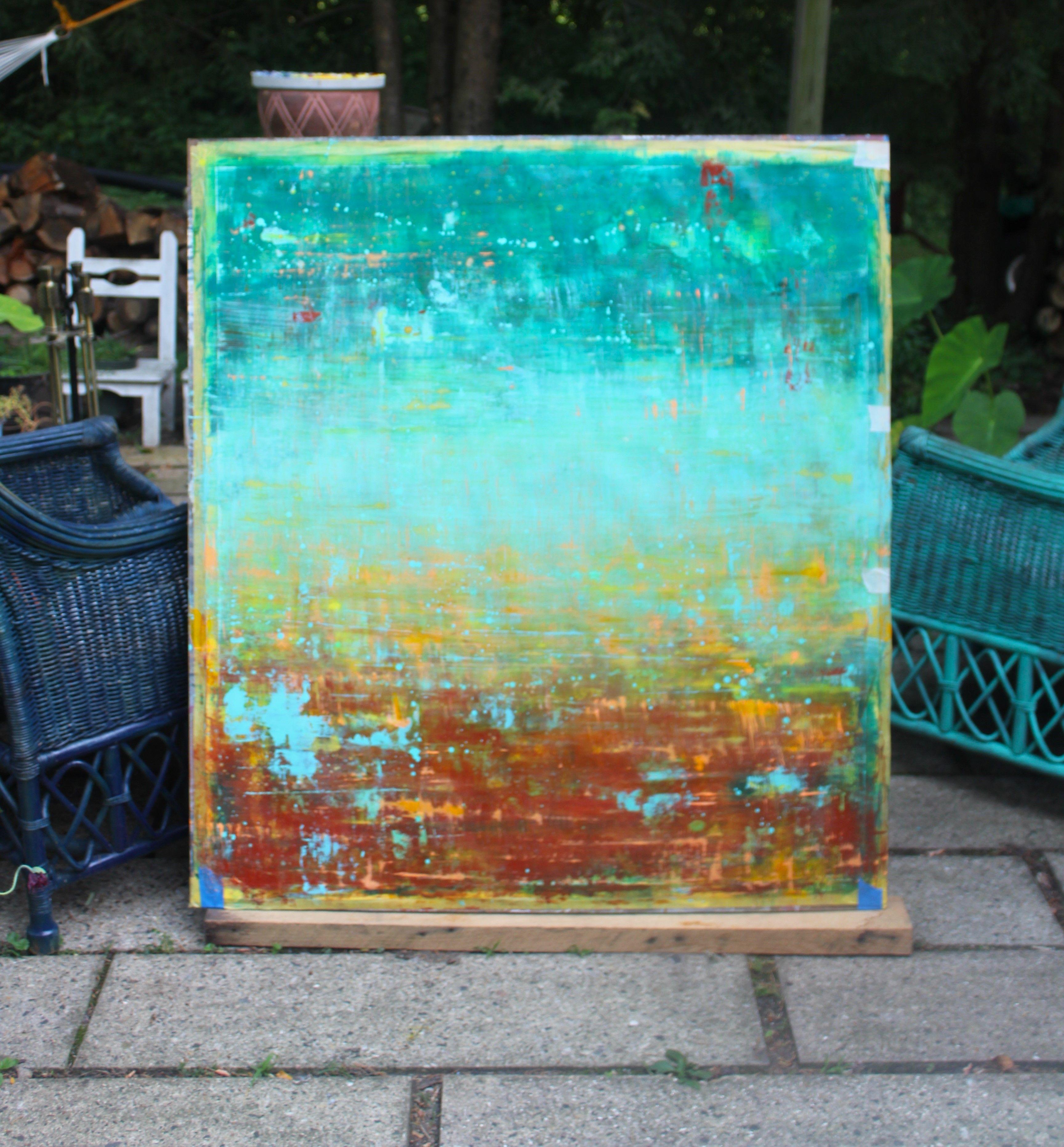 Rust and Turquoise 2, Malerei, Acryl auf Papier (Blau), Abstract Painting, von Laura Spring