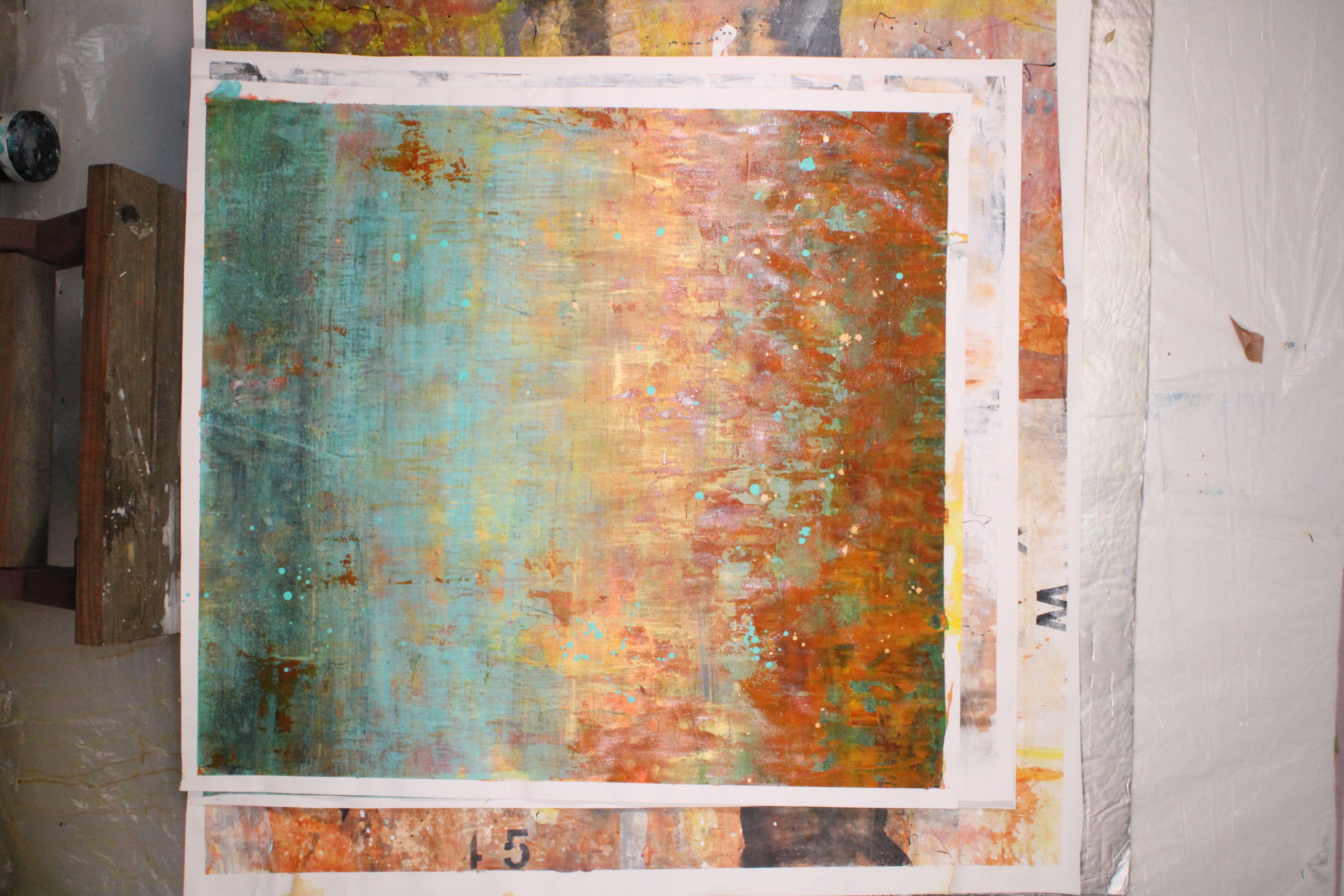 Peinture, acrylique sur papier rouille et turquoise - Abstrait Painting par Laura Spring