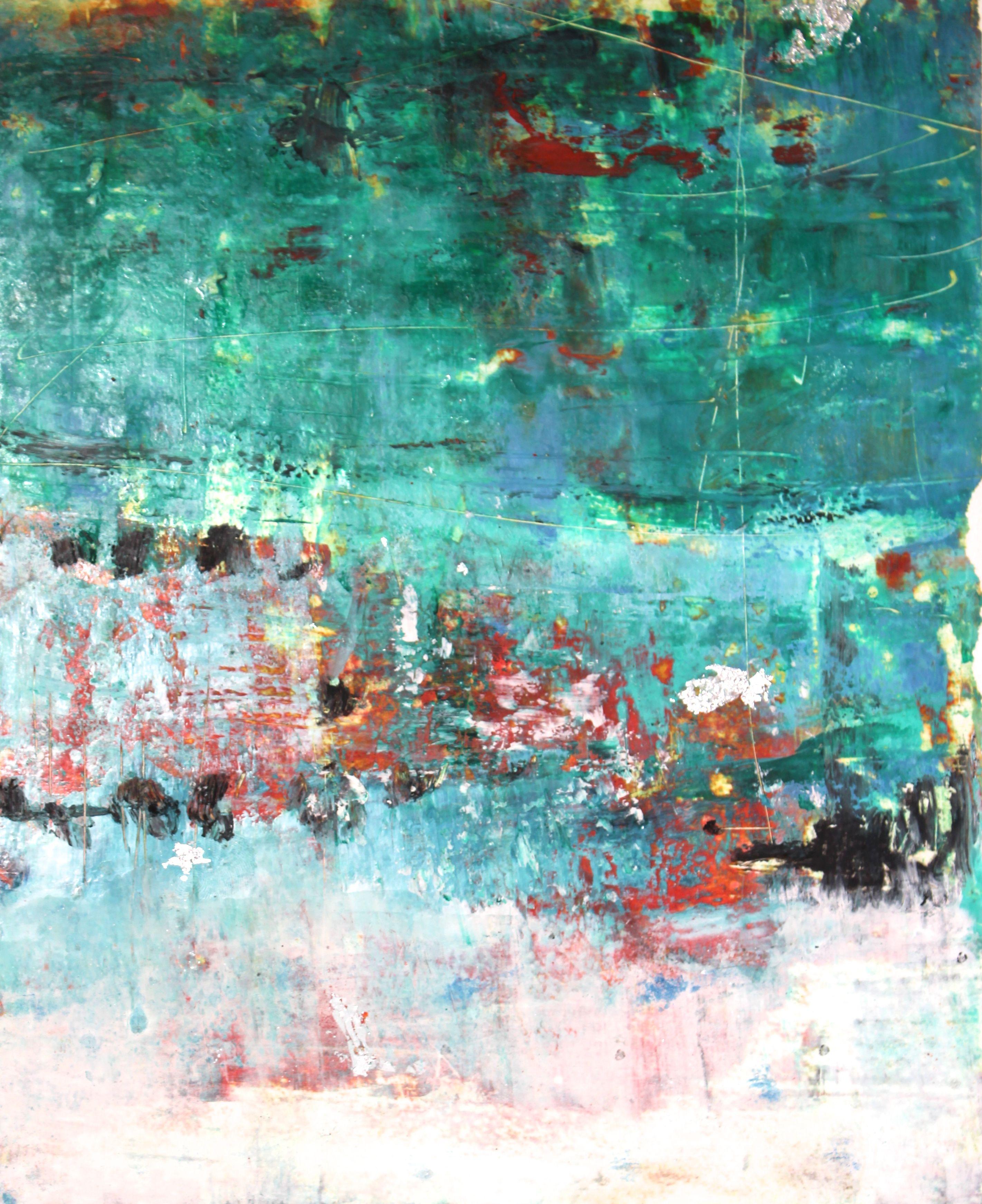 Abstract Painting Laura Spring - Turquoise monde 2, peinture, huile sur papier