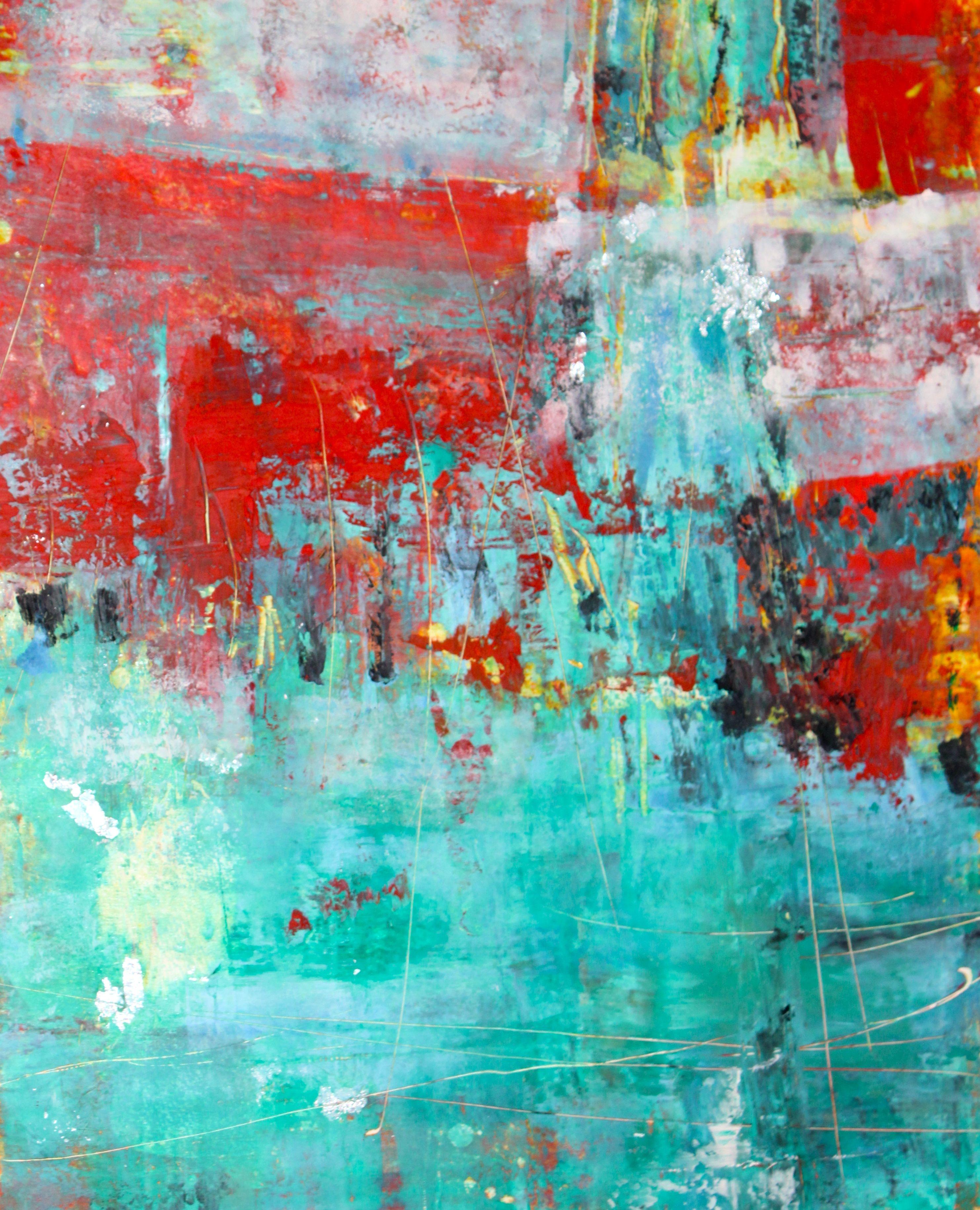 Abstract Painting Laura Spring - Turquoise monde 3, peinture, huile sur papier