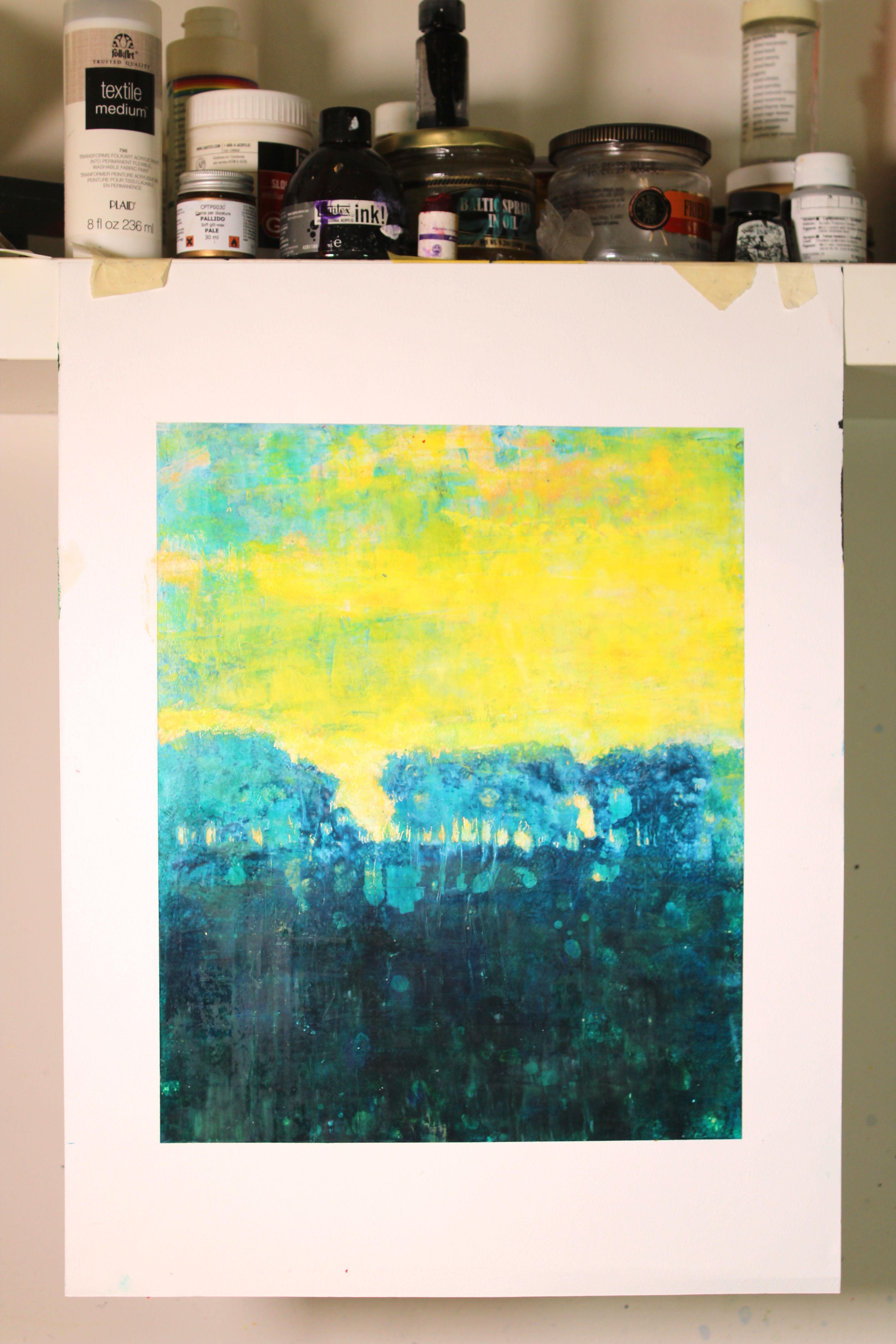 Gelbe Himmelslandschaft, Gemälde, Öl auf Papier – Painting von Laura Spring