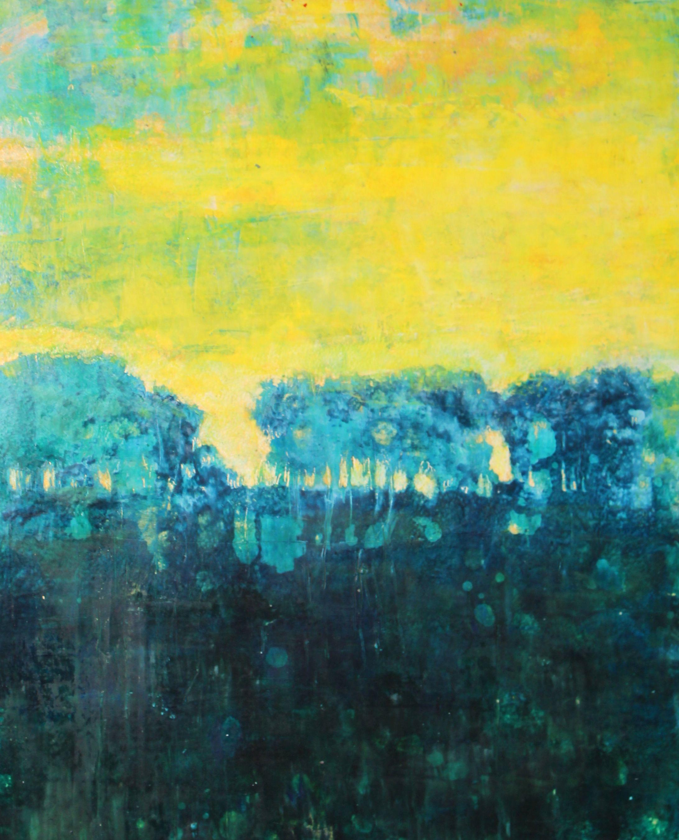Laura Spring Abstract Painting – Gelbe Himmelslandschaft, Gemälde, Öl auf Papier