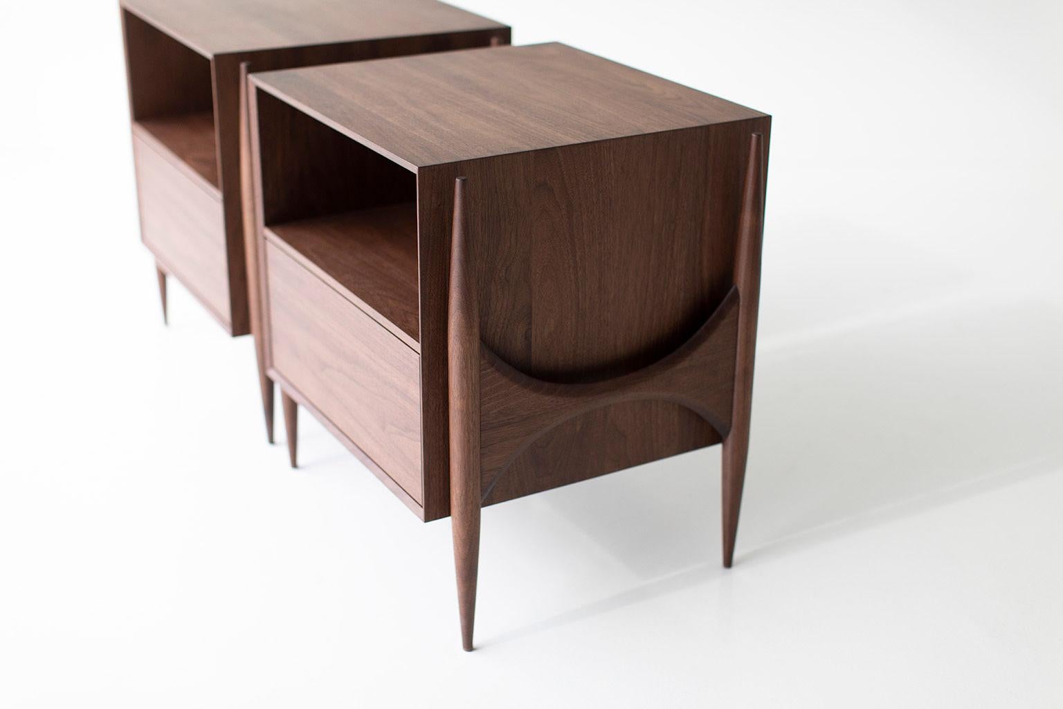 Cambre Nightstands, Modern Walnut Nightstands, Craft Associates Furniture 

These Laura Trenchard modern nighstands - Cambre Collection for Craft Associates Furniture are expertly crafted. The legs and door fronts are constructed by artisans from