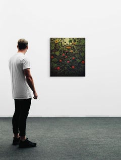 Giardino della sera, dipinto floreale botanico, girasoli e zinnie, 26,5 x 24 pollici